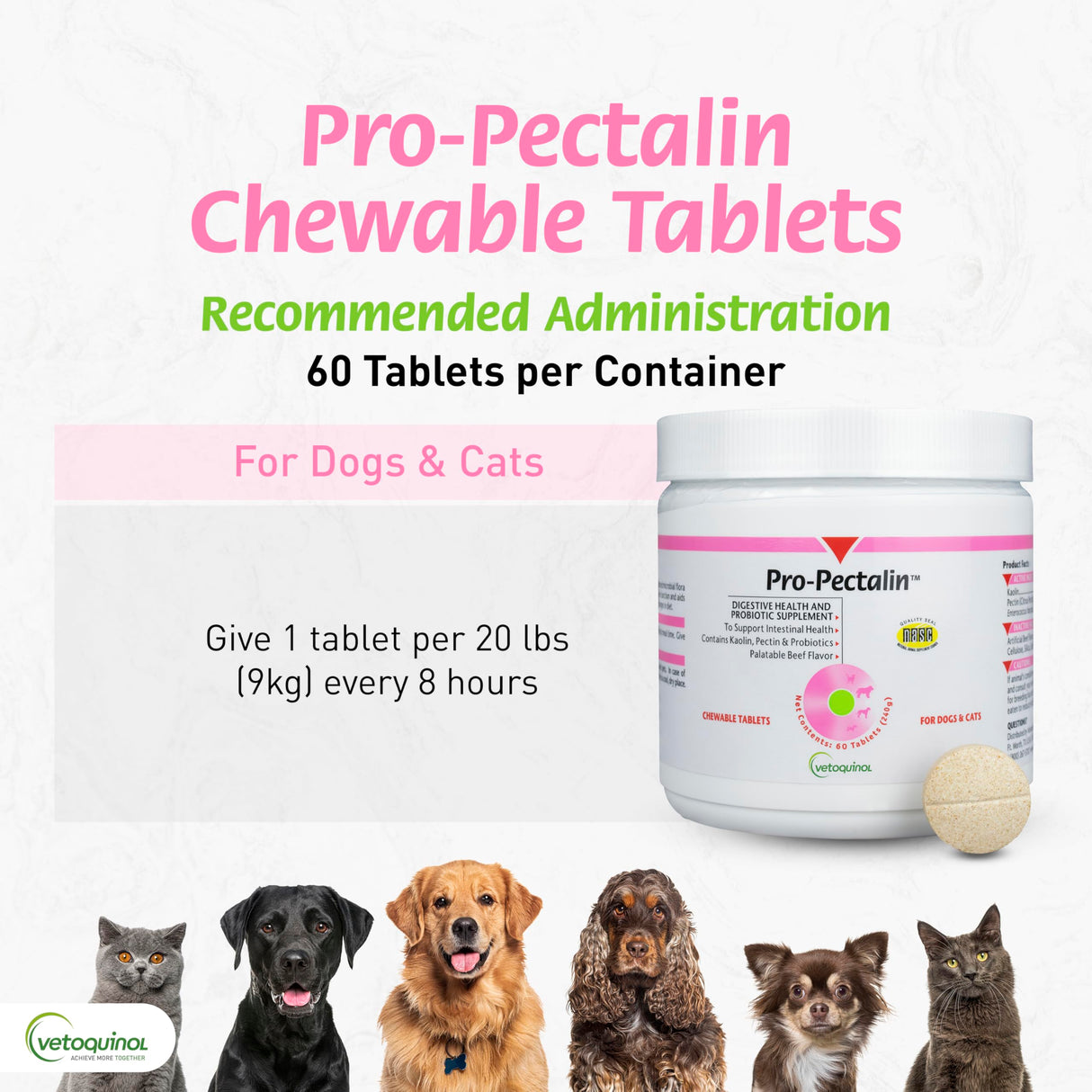 Vetoquinol Pro-Pectalin Chewable Tablets for Dogs & Cats, Helps Relieve Occasional Diarrhea, Situational Diarrhea Relief with Kaolin and Pectin, Contains Beneficial Probiotic Bacteria, 60ct