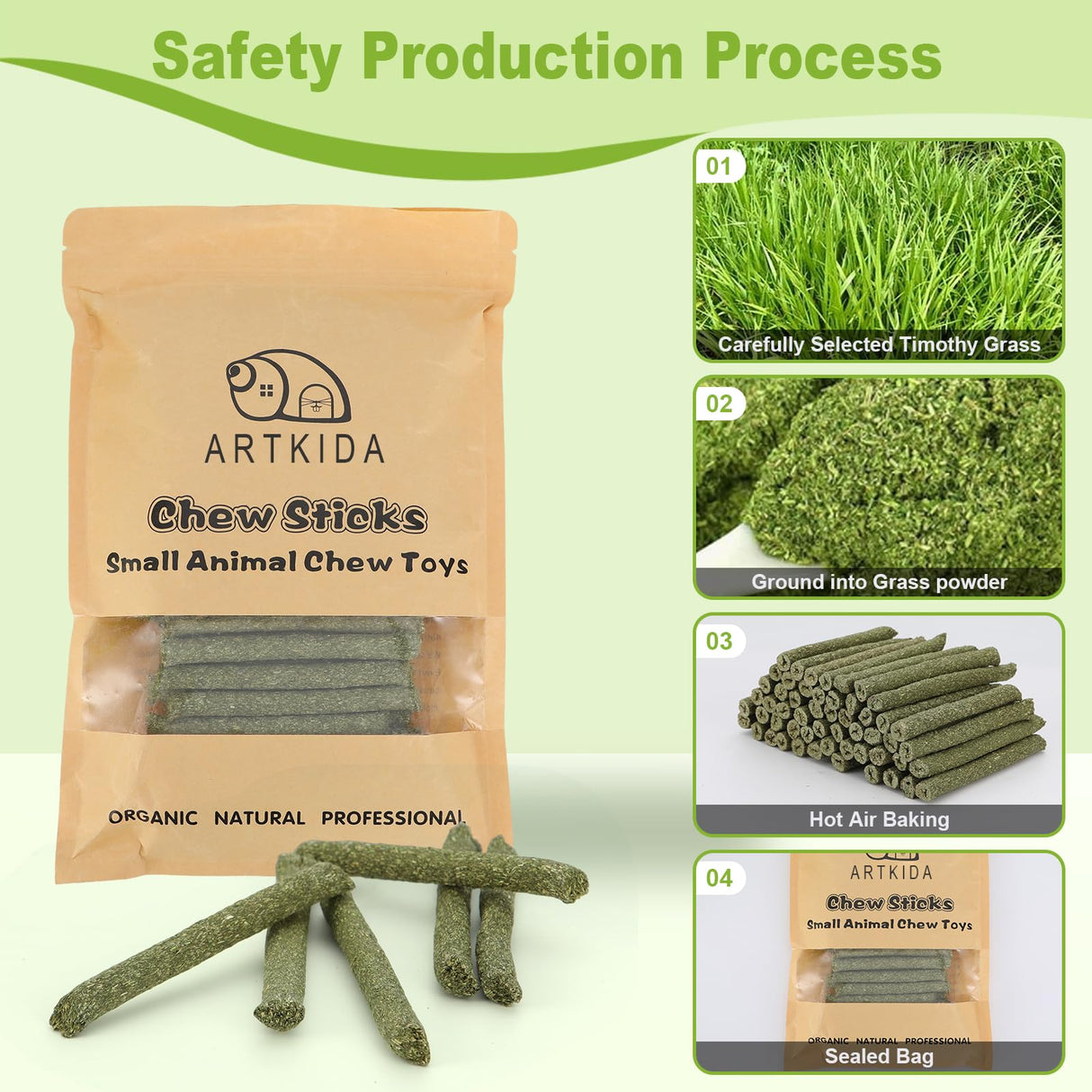 ARTKIDA 100PCS Timothy Hay Sticks for Rabbits Guinea Pigs Chinchillas Chew Treats, Natural Timothy Grass Molar Teeth Stick Bunny Chew Toys for Rabbits Chinchillas Guinea Pigs Hamsters Rodents