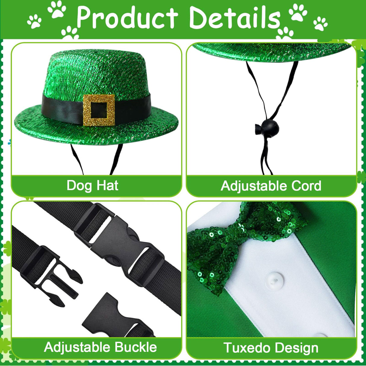 JOJFOUK St. Patrick's Day Dog Costume, Small Size Adjustable Festive Outfit with Bow Tie & Hat Porch Goose Outfit,Dog St Patrick's Day Costume for Parties, Parades, Photos
