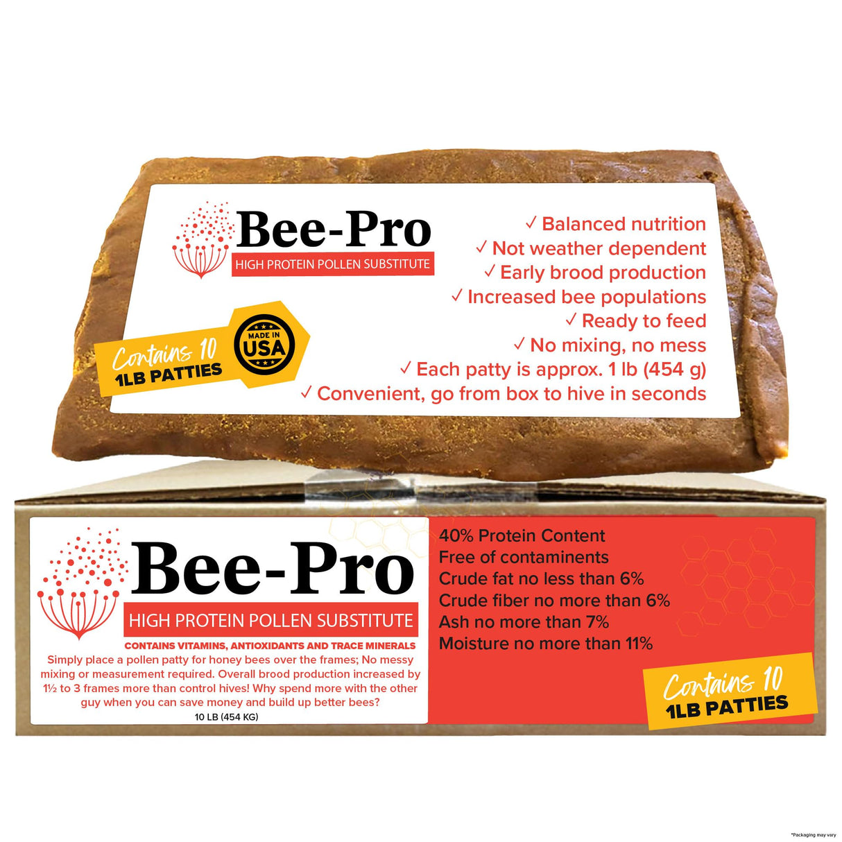 Mann Lake Bee-Pro Patties, High Protein Honey Bee Nutrition with Pro Health Digestive Aide, Spring & Fall Brood Builder for Increased Colony Survival & Stronger Spring Population, Made in USA, 10 Lbs