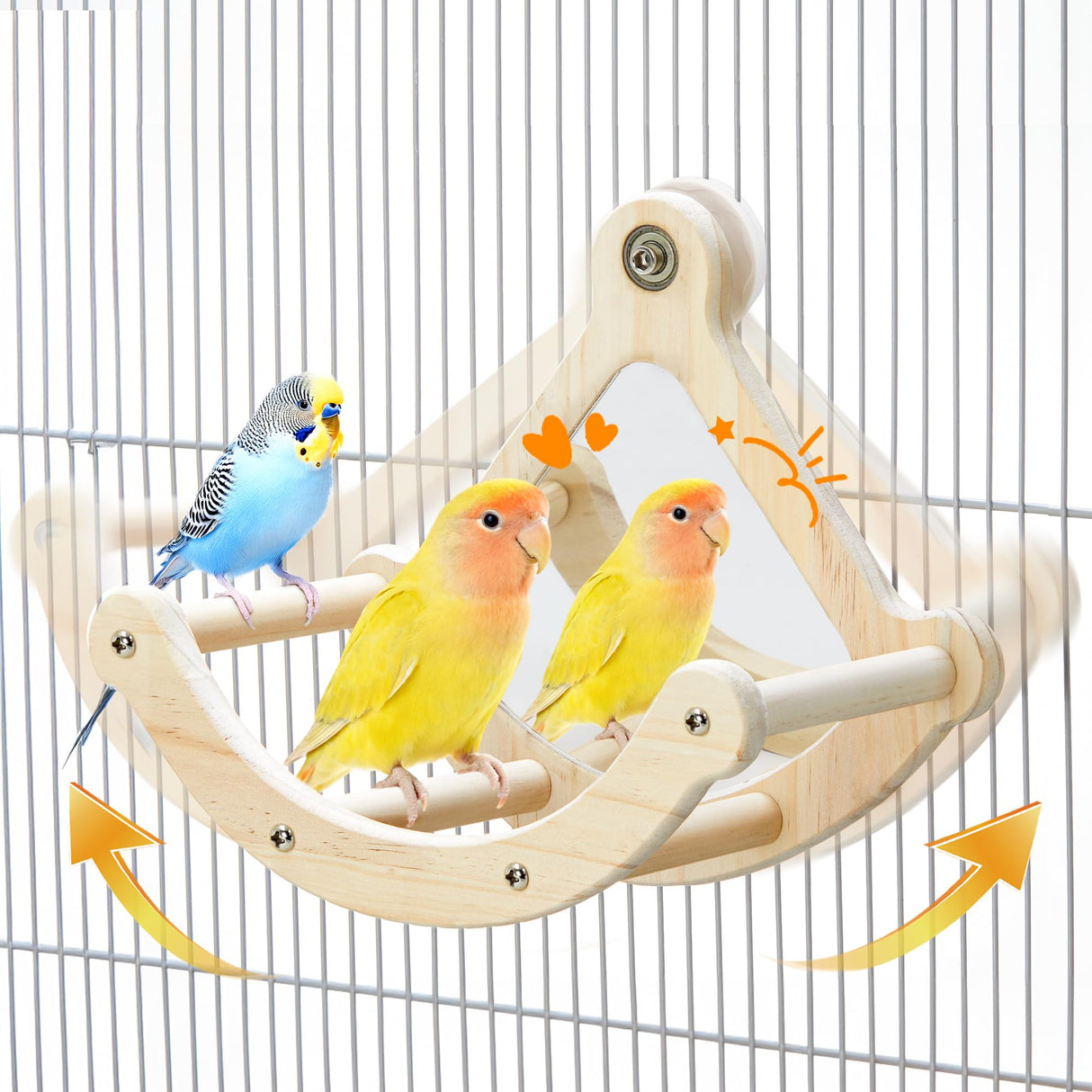 Bird Perch Toy with Mirror for Cage, Interactive Rocking Parakeet Toys and Perches, Wood Exercise Wheel Cockatiel Toys, Birds Enrichment Toy for Parrot, Bird Cage Accessories Perch for Budgies Conure