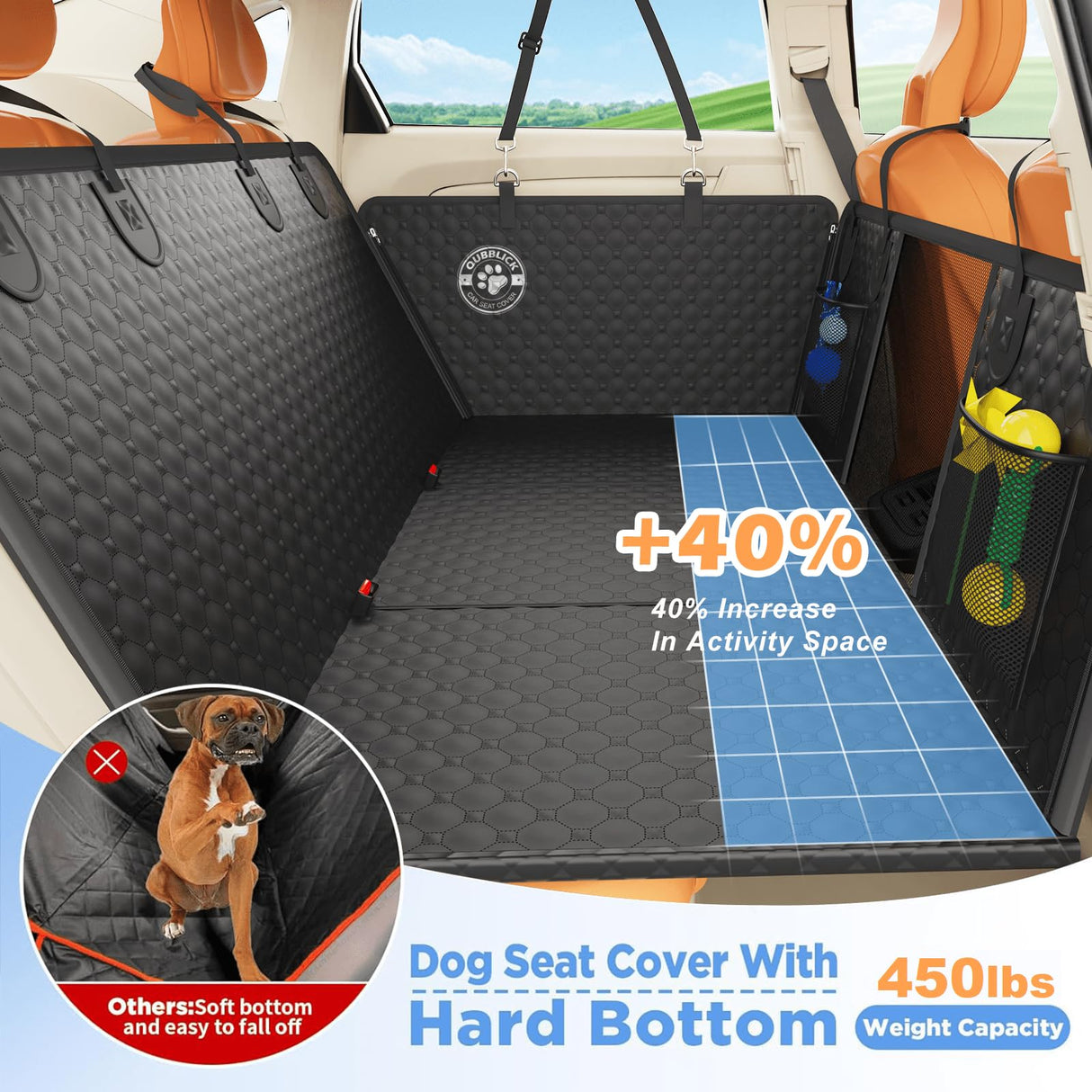 QUIBBLICK Back Seat Extender for Dogs, PU Leather Hard Bottom Truck Dog Seat Cover for Back Seat, Waterproof Pet Hammock Bed for Car with Side Flap, High Barrier Truck Pet Back Seat Covers