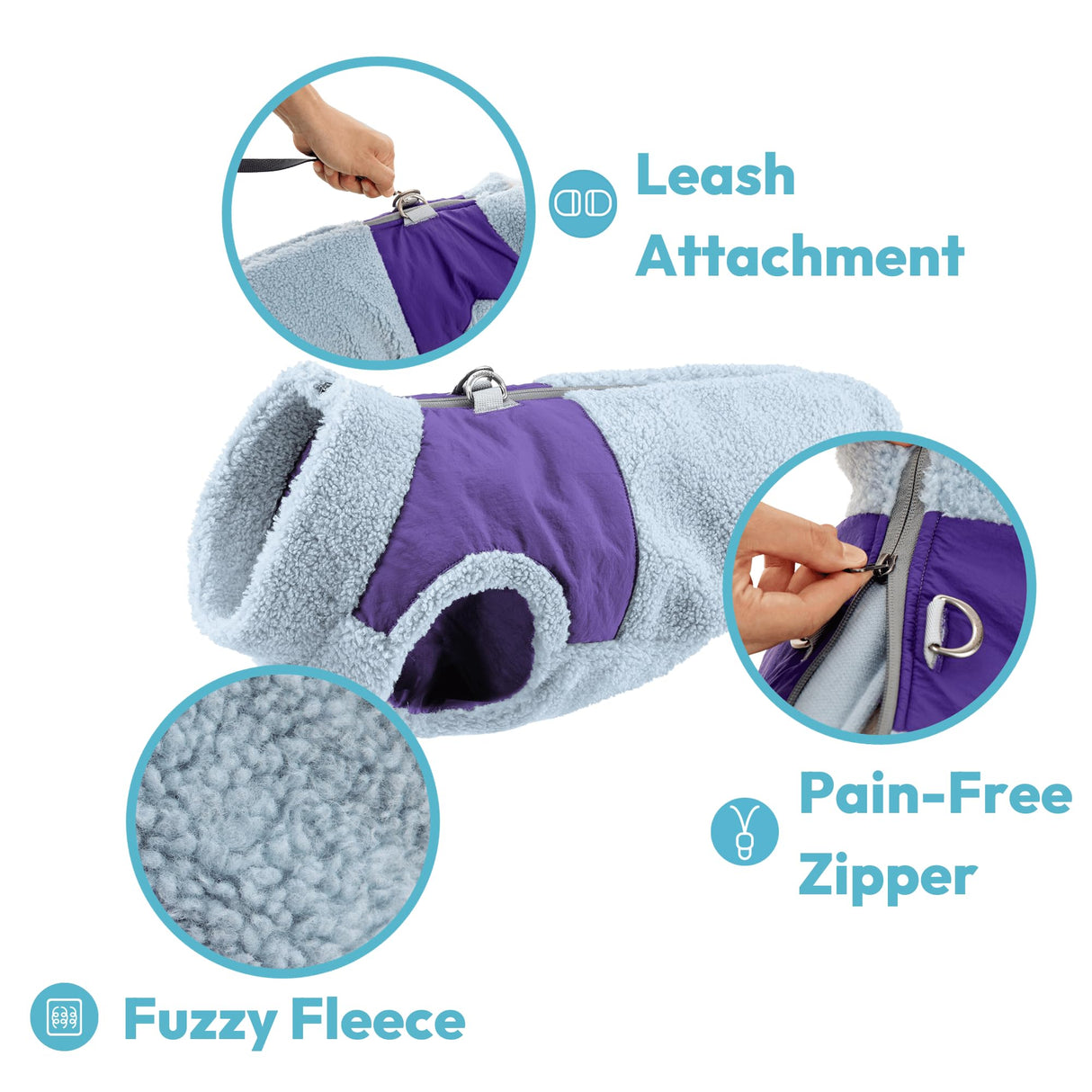 Gooby Zip Up Sherpa Vest - Purple, Large - Two Tone Fuzzy Fleece Dog Sweater with Built-in Harness and Extra Security for Small Dog and Medium Dog