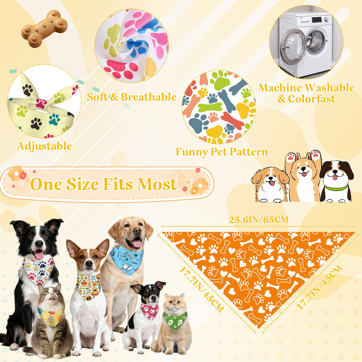 Cresue 100 Pcs Funny Dog Bandanas Bulk Cute Pet Scarves Paw and Bone Print Adjustable Bibs for X-M-L Dogs Washable Daily Puppy Kerchief for Groomers Shelters