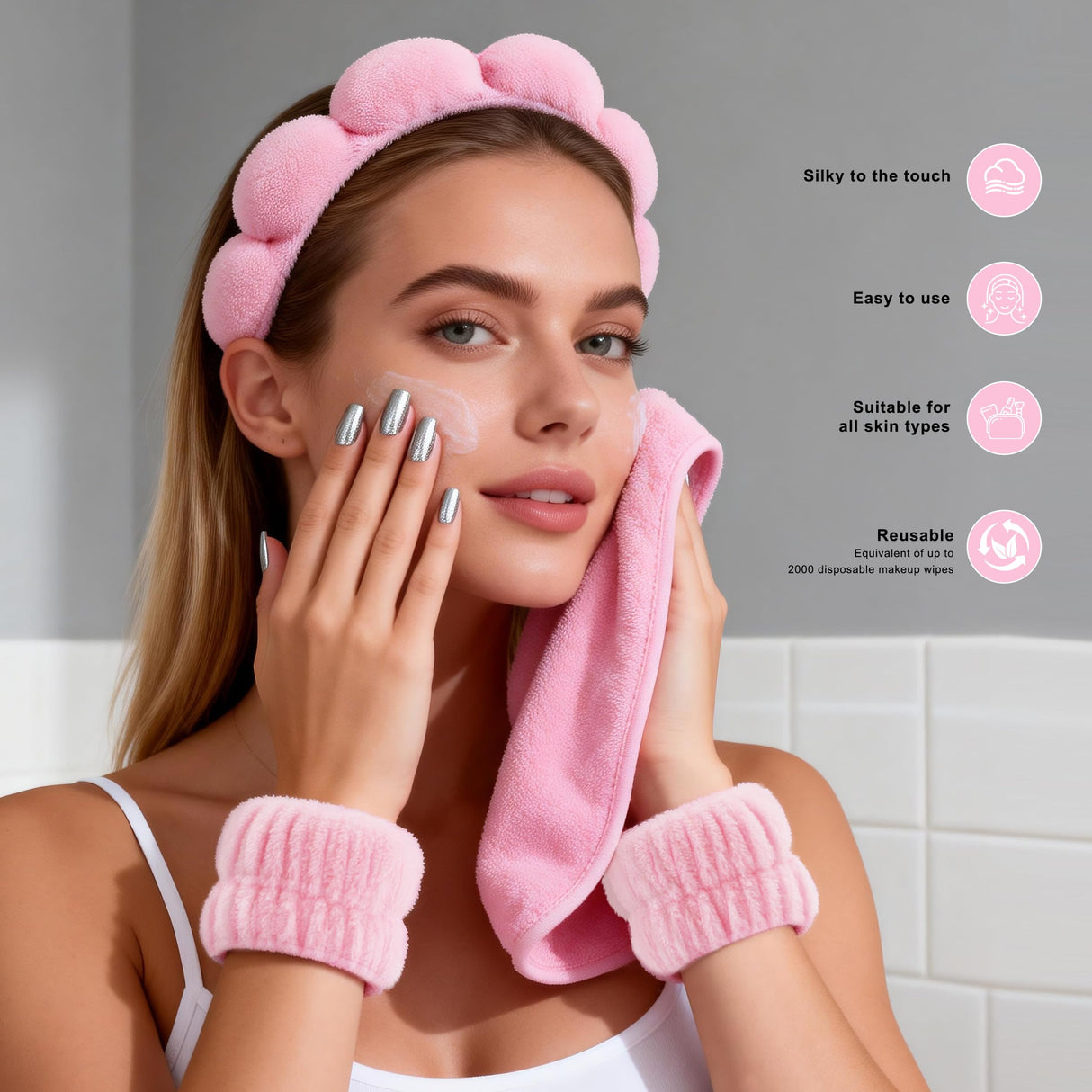 Spa Headband for Washing Face, Skincare Headband Wristband Set for Facial Mask Skin Care, Makeup Remover Towel Cloth Small Spray Bottle with Travel Makeup Bag Gifts for Women - Pink