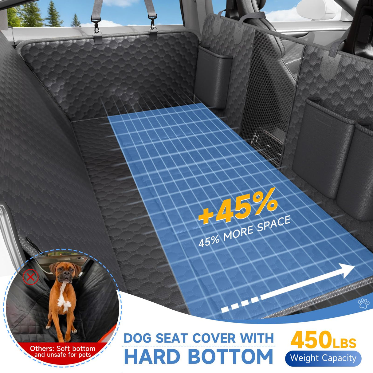 REDASW Dog Car Seat Cover for Back Seat Waterproof Oxford Fabric, Hard Bottom Back Seat Extender for Dogs Scratchproof, Dog Hammock for Car with Mesh Window, Fit Most Cars Small Trucks, Black