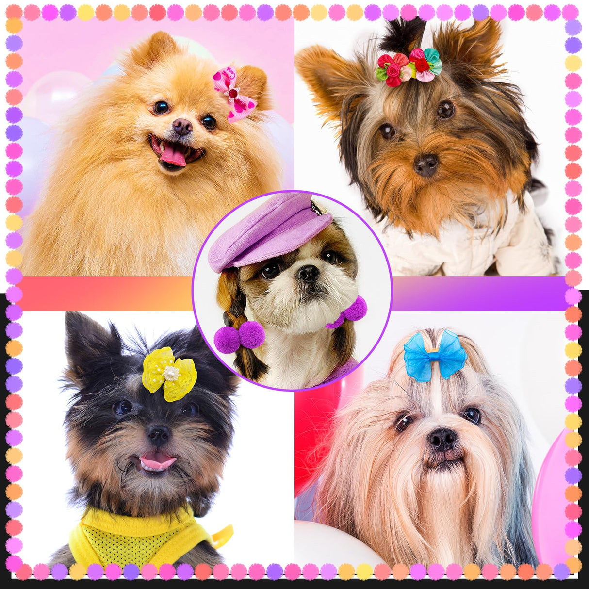 Mruq pet 100pcs Dog Hair Bows, Bulk Cute Puppy Pet Small Dog Hair Bows with Rubber Bands, Mix Handmade Flower Puff Ball Rhinestone Pearls Dog Bows, Yorkie Dog Bows for Dog Hair Grooming Accessories