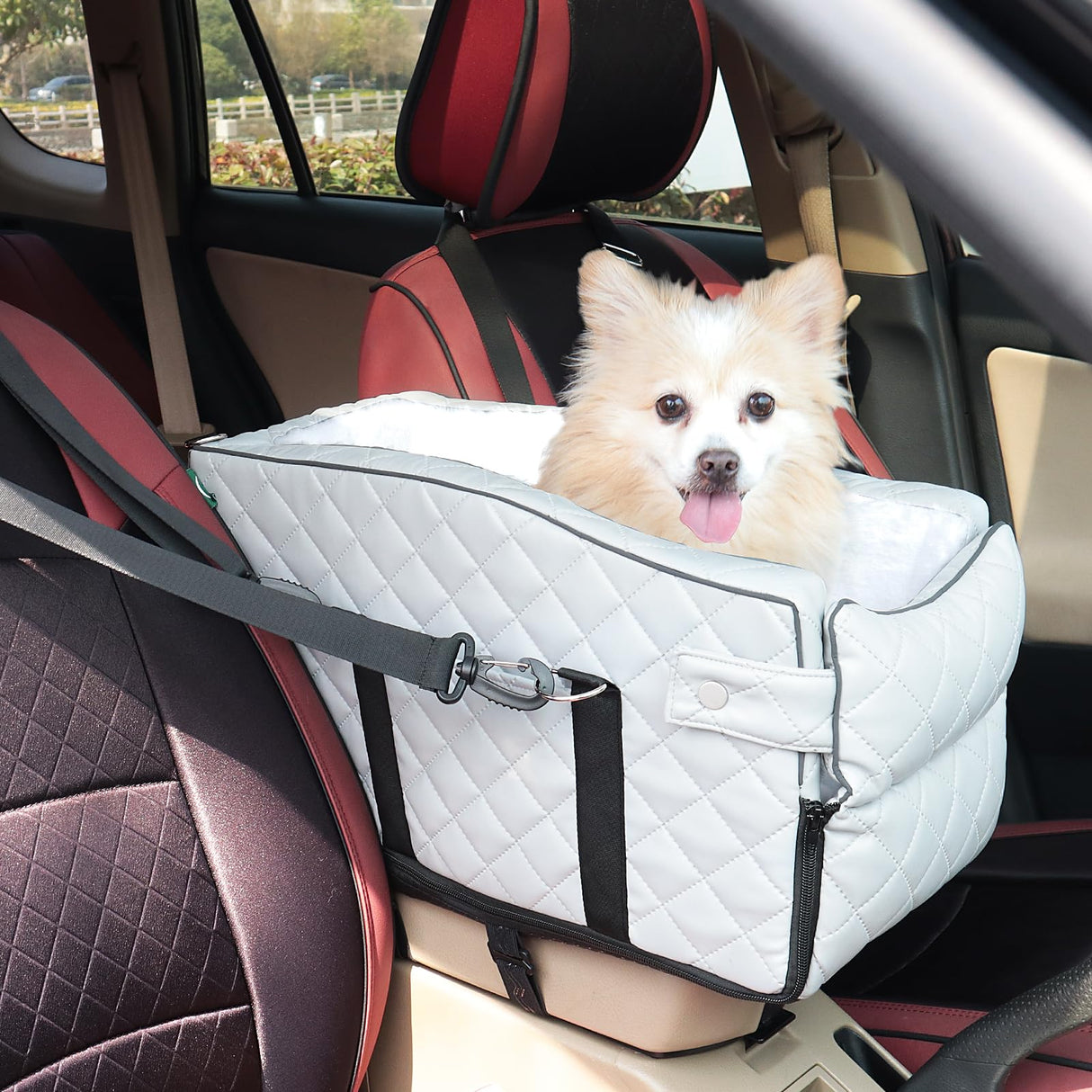 PU Center Console Dog Car Seat for Small Dogs Up to 12lbs, Portable Dogs Armrest Booster Seat with Adjustable Straps & Storage Pocket (Grey PU)