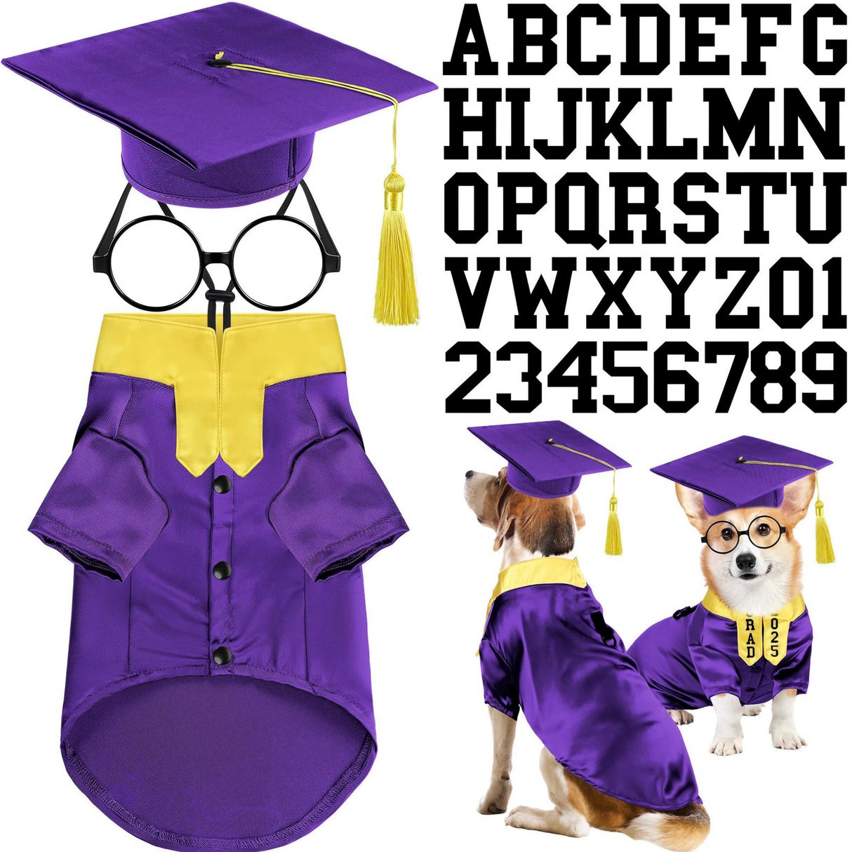 Dog Cat Graduation Costume Set 5Pcs Pet Graduation Gown Stole Puppy Grad Cap Lensless Glasses DIY Letter Stickers for Christmas Halloween Holiday (Noble Purple, Small)