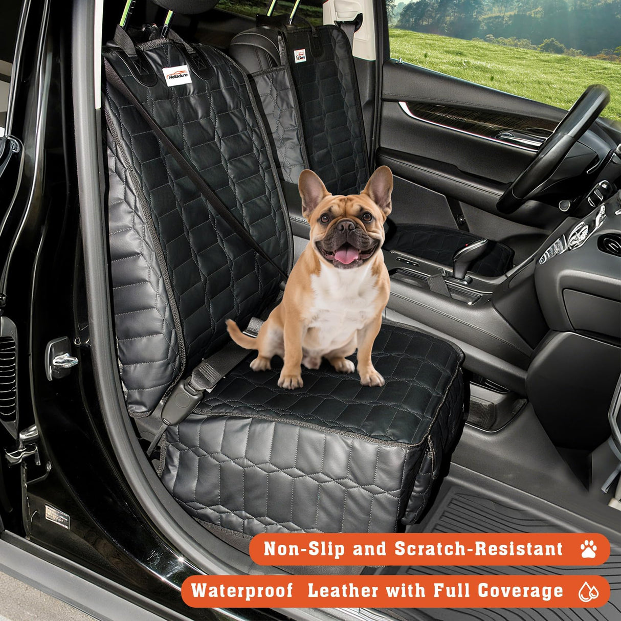 Reliadura Front Seat Covers for Dogs, Waterproof Leather Dog Car Seat Cover, Full Coverage Nonslip Scratchproof Pet Car Seat Protector, Fits Cars, Small Trucks, SUVs Bucket Seat Cover