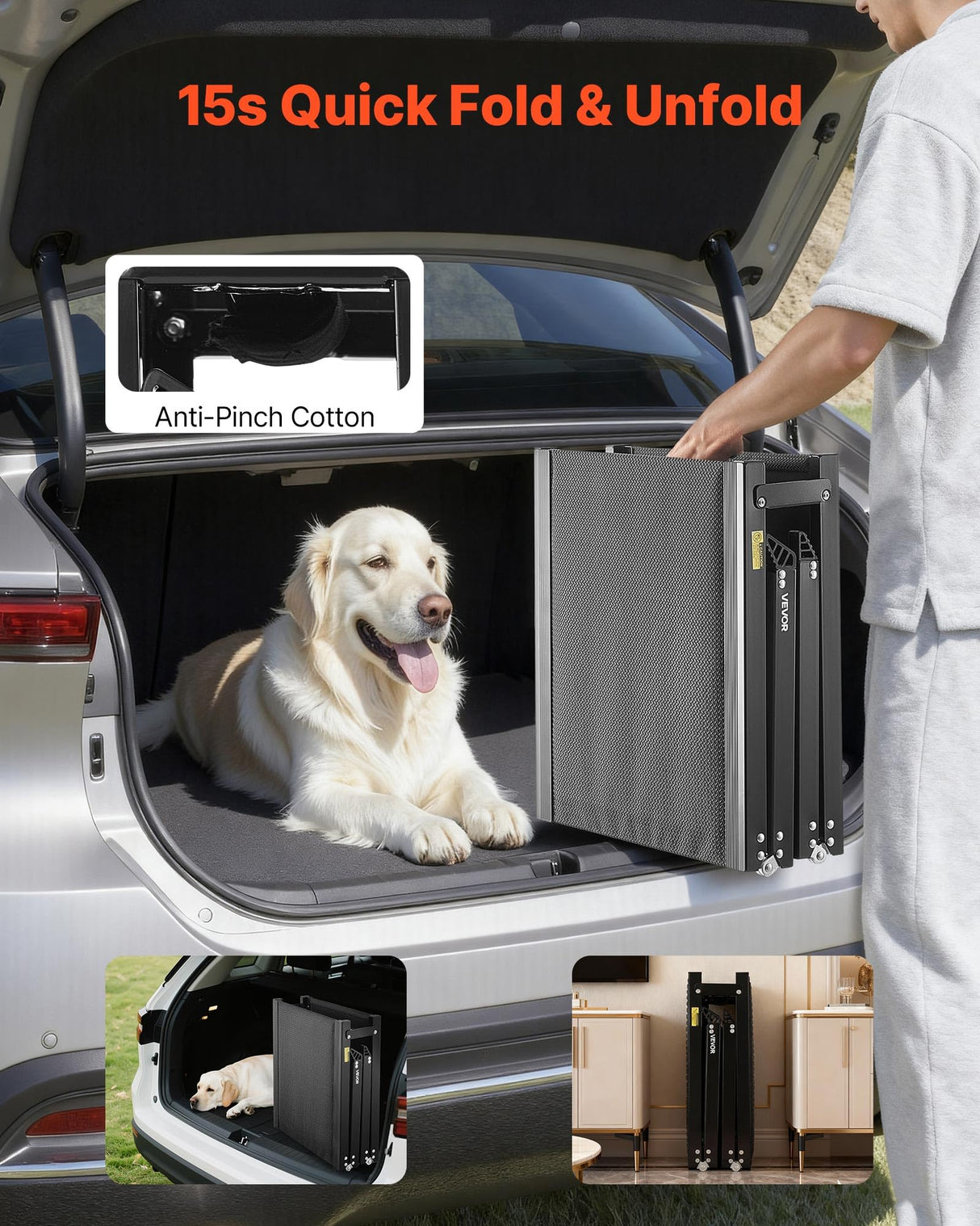 VEVOR Dog Ramp for Cars, 63" L x 17" W, Folding Pet Ramps for Medium & Large Dogs up to 250lbs, Pet Stair Ramp with Non-Slip Oxford Fabric Surface, Portable Outdoor Dog Car Ramps for SUV & Truck