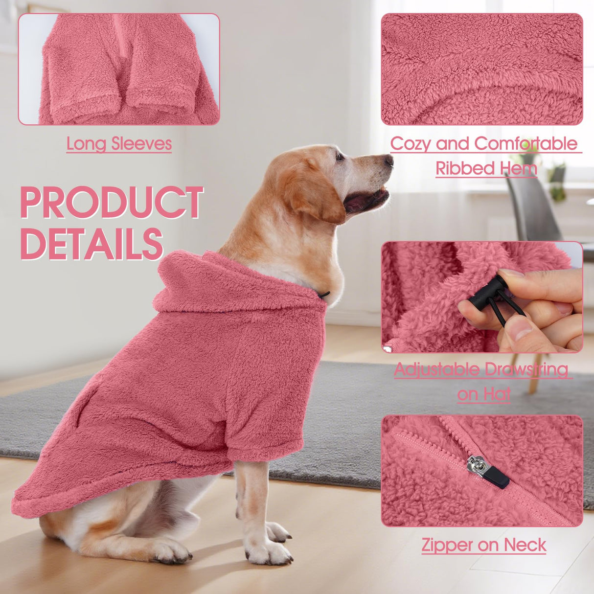IDOMIK Fuzzy Dog Sweater with Adjustable Hood, Warm Fleece Dog Sweater Hoodie with Harness Hole & Pocket, Pullover Sweaters for Medium Dogs, Fuzzy Hooded Sweatshirt for Fall Winter Christmas,Pink,M