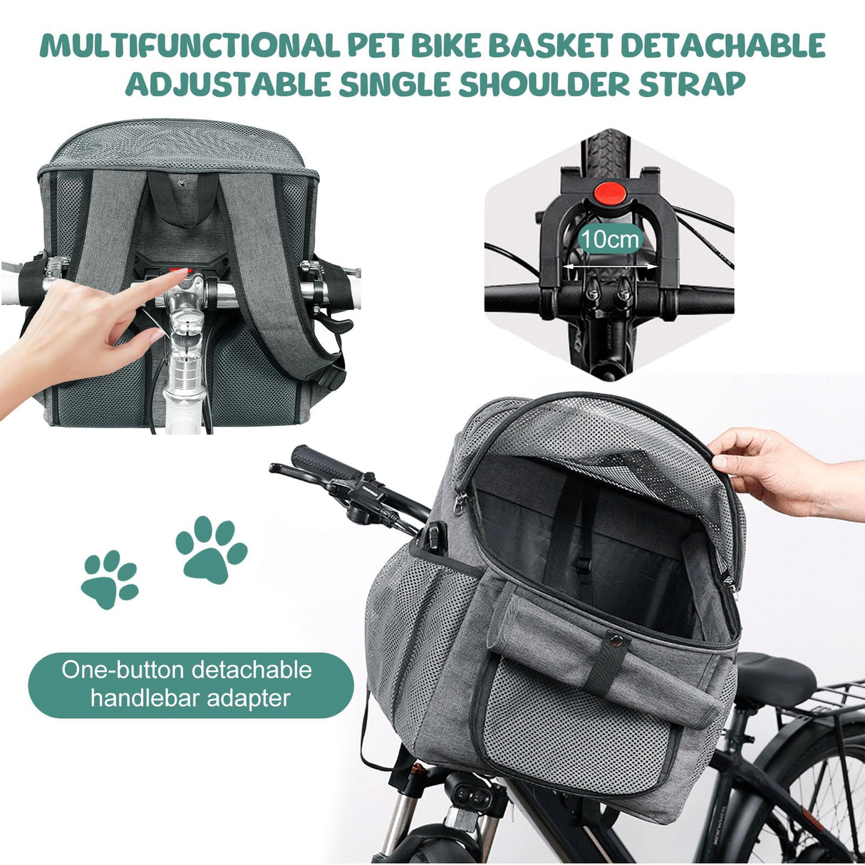 Dog Bike Basket, Soft-Sided Dog Bike Carrier Backpack, Cat Bicycle Basket, Multifunctional Pet Bike Basket Detachable Adjustable Single Shoulder Strap, Foldable Pet Travel Bag for Small Cats and Dogs