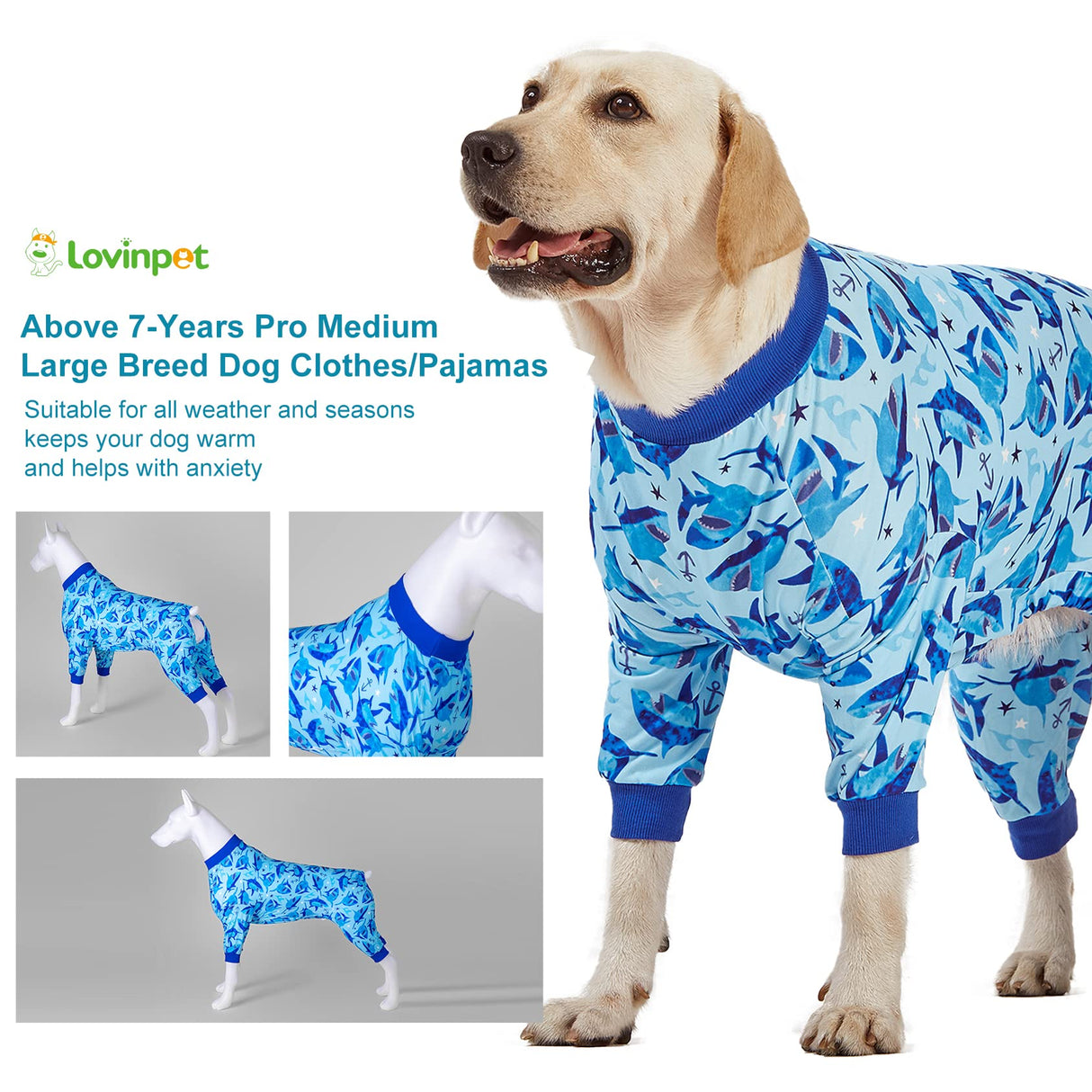 LovinPet Shirts for Pitbull Dogs, Pjs for Large Dogs, Lightweight Onesie, Sea Shark Action Print, Dog Clothing, UV Protection, Easy Wearing Adorable Dog Jumpsuit /3XL