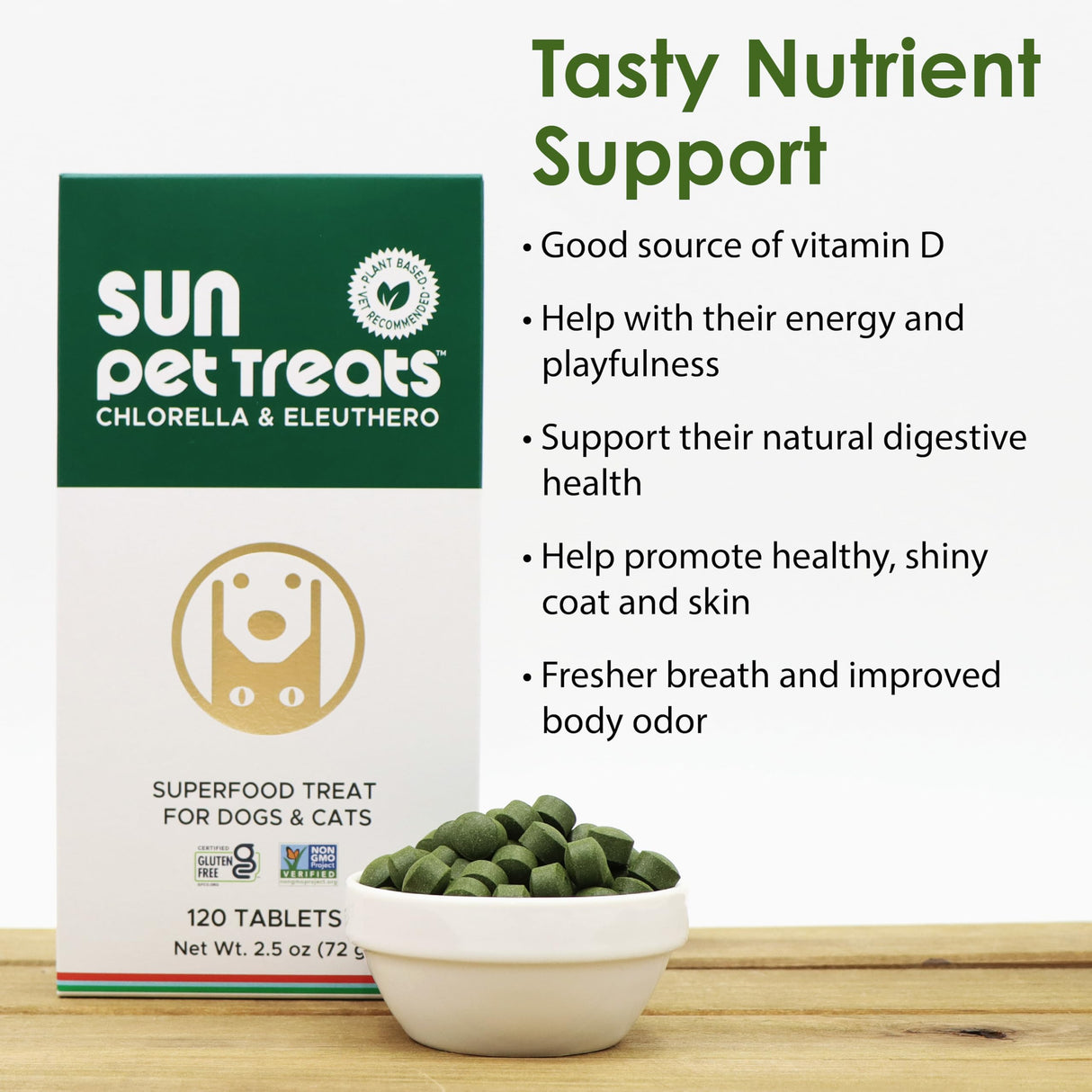 Sun Chlorella Sun Pet Treats Green Superfood Cat & Dog Supplement - Chlorophyll Eleuthero & Lecithin, Minerals, Antioxidants & Vitamins for Dogs & Cats - Immune Defense, Skin & Gut Health - 120 Bites