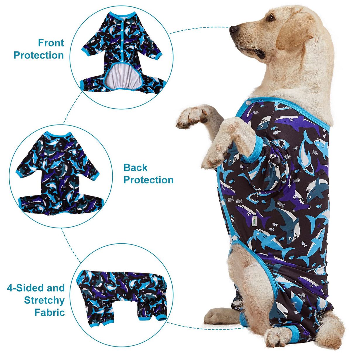 LovinPet Dog Onesies - Pet Anxiety Relief, Anti-Shedding Dog Pajamas, Lightweight Stretchy Fabric, Whale Hello There White Print, Large Dog Pjs, Pitbull Clothes All Season/Large