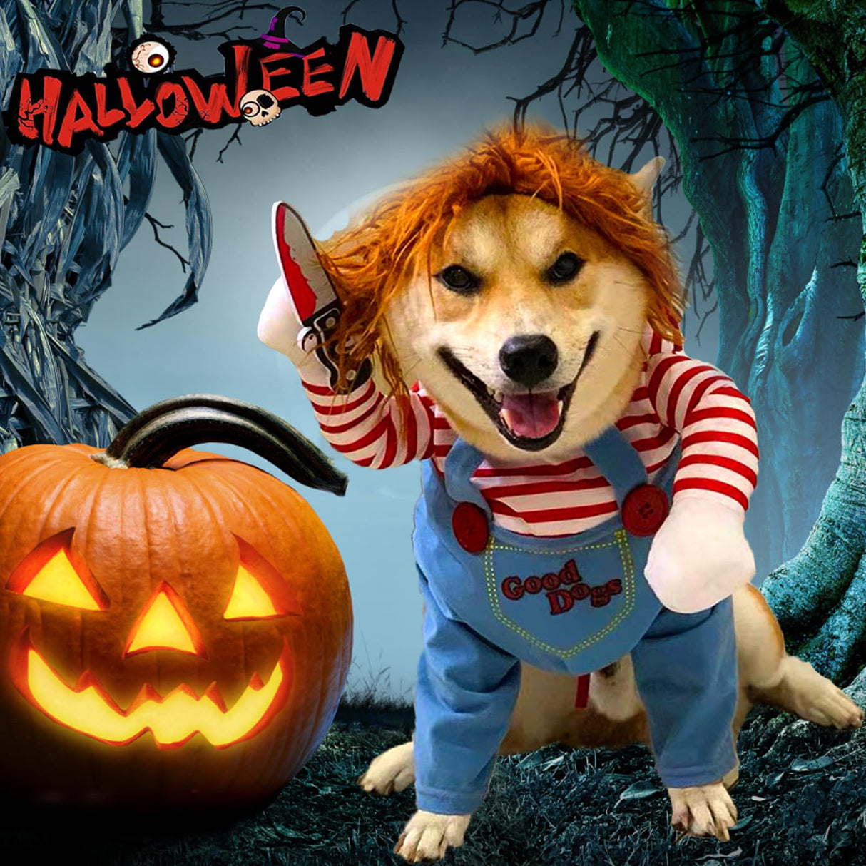Pet Deadly Doll Dog Costume - Funny Halloween Chucky Outfit for Small, Medium, Large Dogs, Cats, Puppies - Cute Party Cosplay Dress Up - Scary Spooky Kitty Apparel