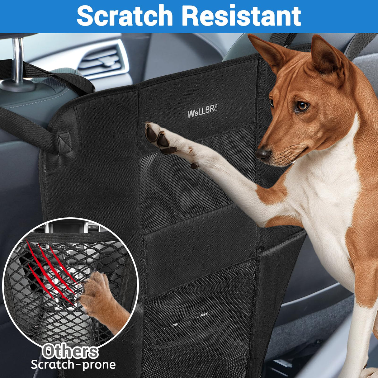 Wellbro Dog Car Backseat Barrier, Padded and Durable Nylon Net Pet Barrier, Vehicle Travel Dog Fence with 2 Mesh Windows, for Safe Driving, Easy to Install and Adjust for All Cars