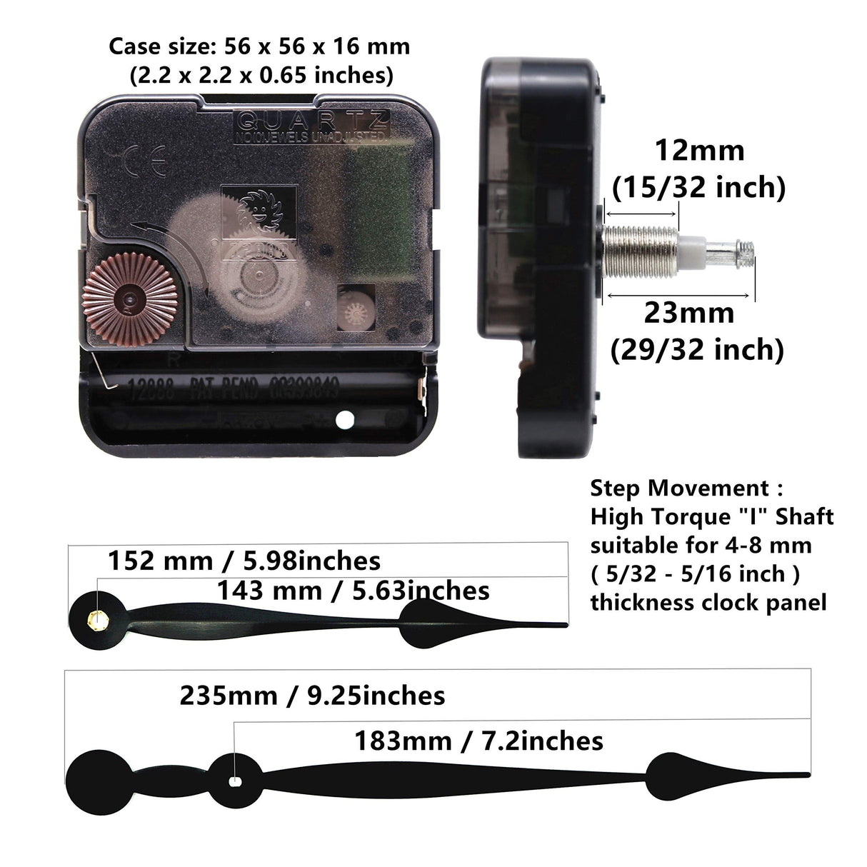 Youngtown 12888 High Torque Quartz Clock Movement Replacement Parts with 235 mm / 9.25 Inch Long Spade Hands