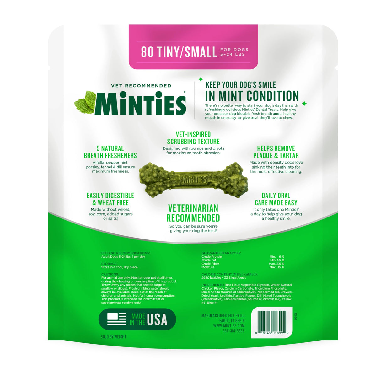 Minties Dog Dental Bone Treats, Tiny/Small Dental Dog Treats, Clean Teeth, Fight Bad Breath, Removes Plaque and Tartar, 80 Count