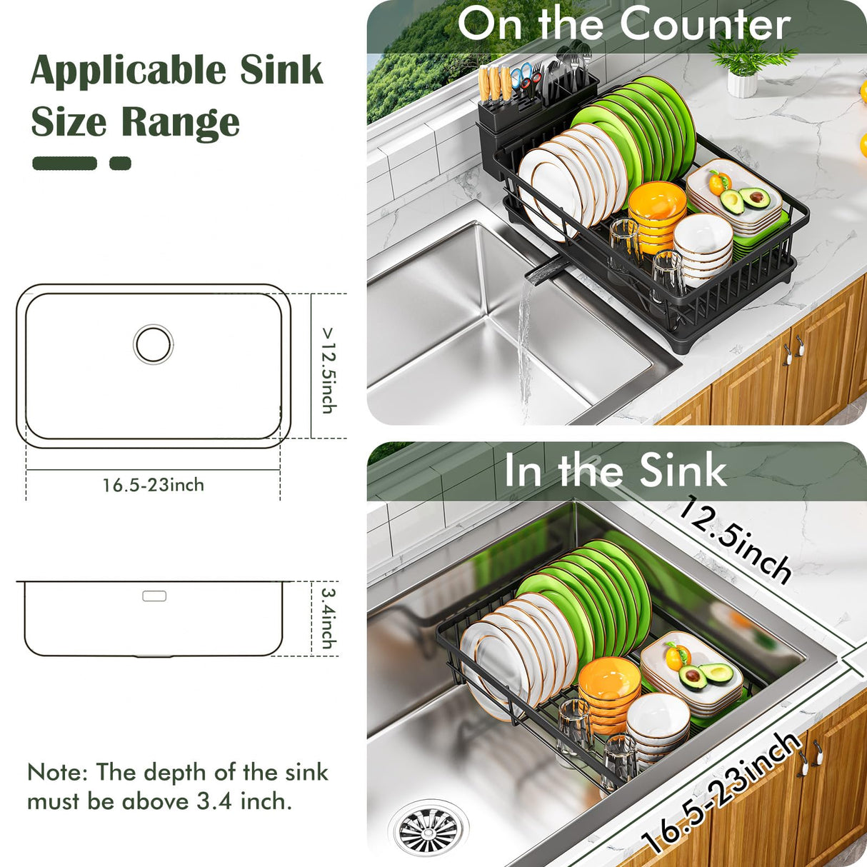 Dish Drying Rack - Space-Saving Small Dish Rack for Kitchen Counter, Rust-Resistant Kitchen Drying Rack, Compact Dish Drainer Organizer with Utensil Holder for Home Kitchen, Black