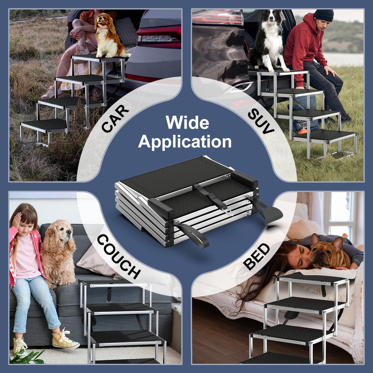 PetRuna Extra Wide Dog Stairs for Large Dogs, Foldable Dog Ramp for Car with Non-Slip Surface, Dogs Stairs for Cars, High Beds, Truck, Supports up to 250 lbs, 4 Steps