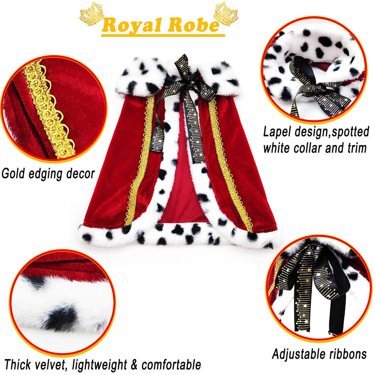 Pet Cloak King Dog Cape Robe Cute Halloween Christmas Cat Costume Queen Clothes Lux Fur Royal Cape Prince Princess Outfit Birthday Dress Small Large Dog Halloween Costume (Crimson, Large)