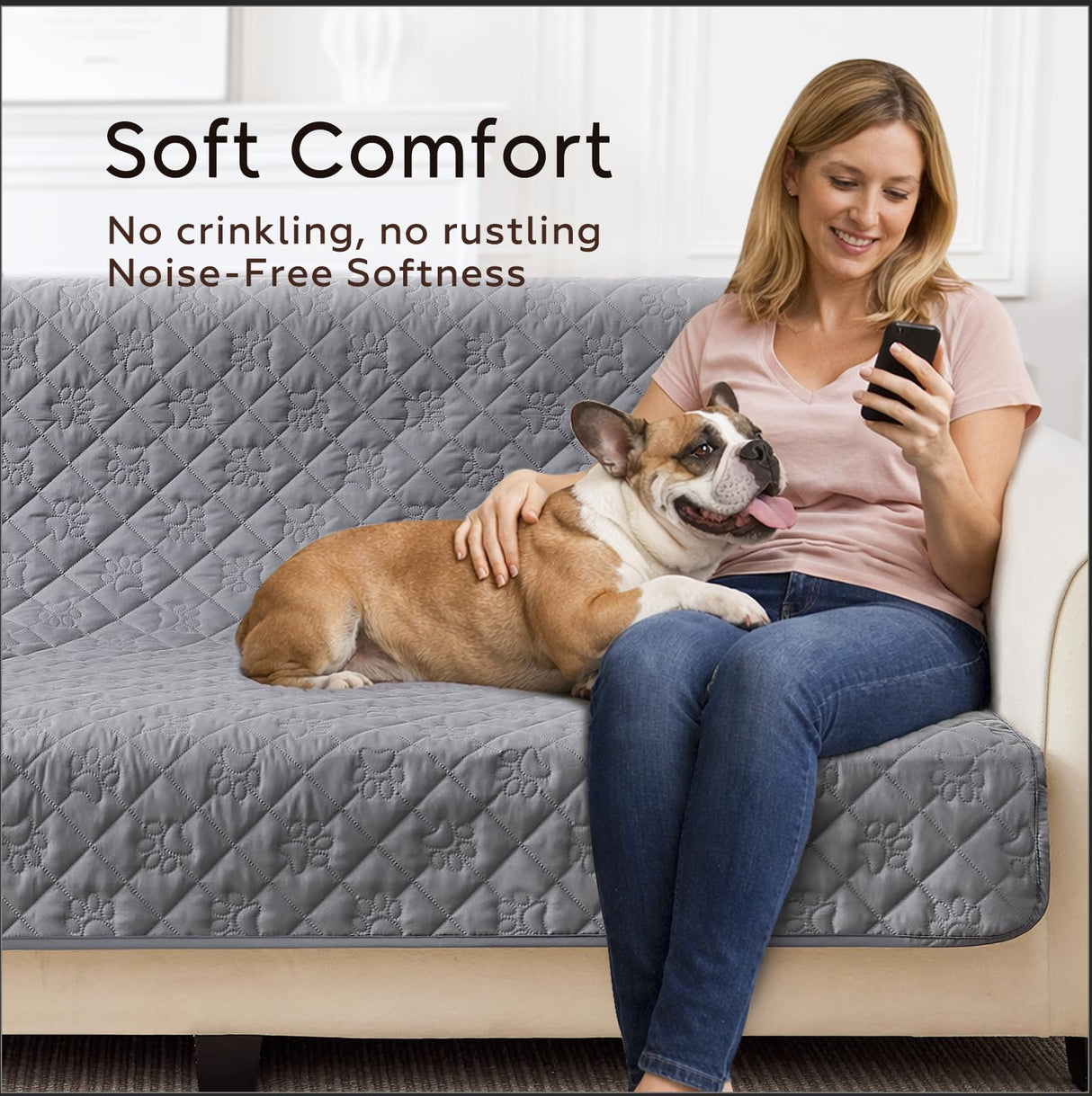Waterproof 4 Seater Couch Cover for Dogs, Paw Print Quilted Blanket for 4 Cushion Sofa and Bed, Pet Hair Resistant, Skin-Friendly, Scratch Proof, Washable Sofa Seat Protector, 30x90 inch, Grey