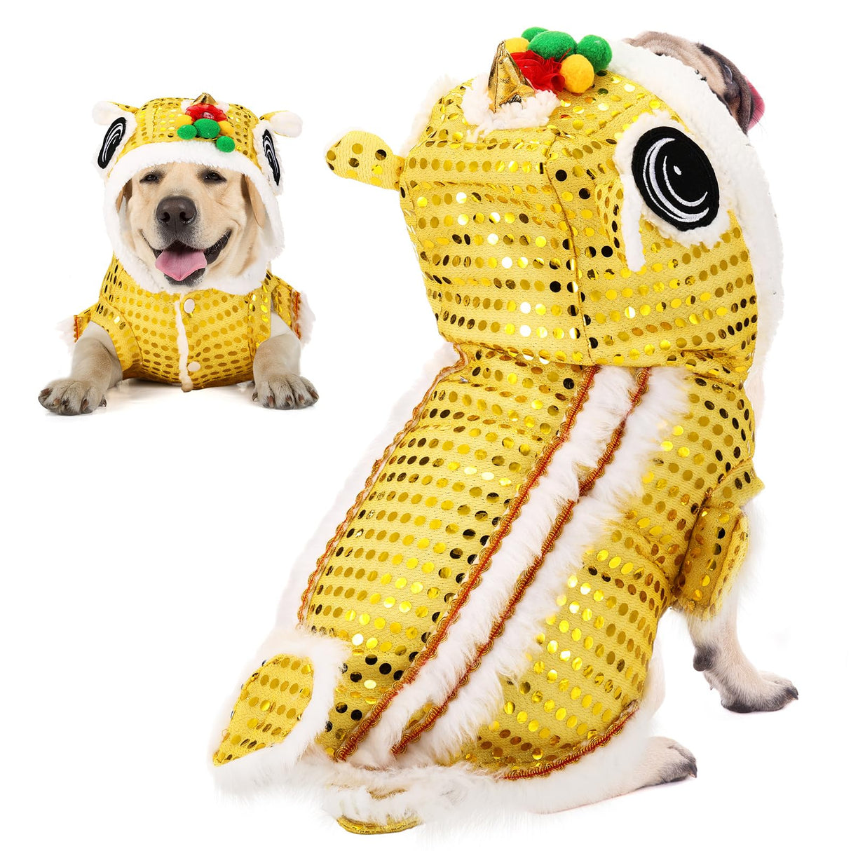 LEIFIDE Lion Dance Dog Costume Chinese New Year Pet Costume with Sequins Chinese Lion Dance Cloth Dog Clothes Hoodies Coat for pet New Year Spring Festival Dress up(2X-Large,Gold)