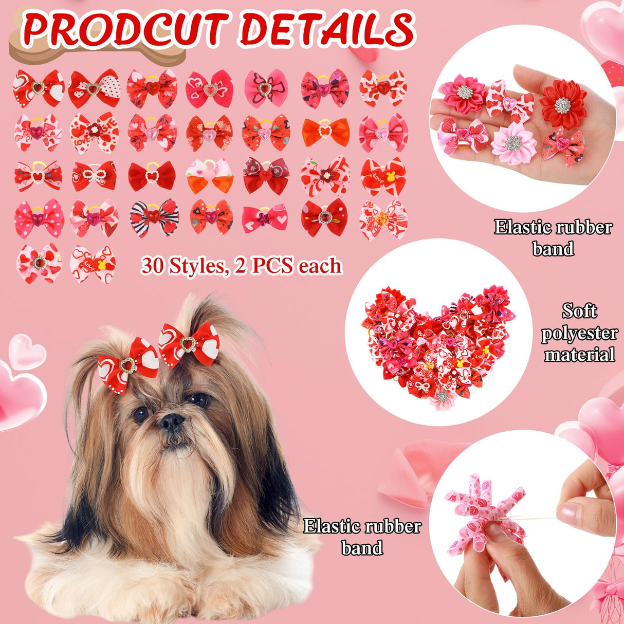 Kacctyen 150 Pcs St. Patrick's Day Dog Bows with Rubber Bands St. Patrick's Day Flower Yorkie Dog Hair Bow Pet Hair Accessories for Small Medium Puppy Bunny Pet Cat(Heart,Clover)