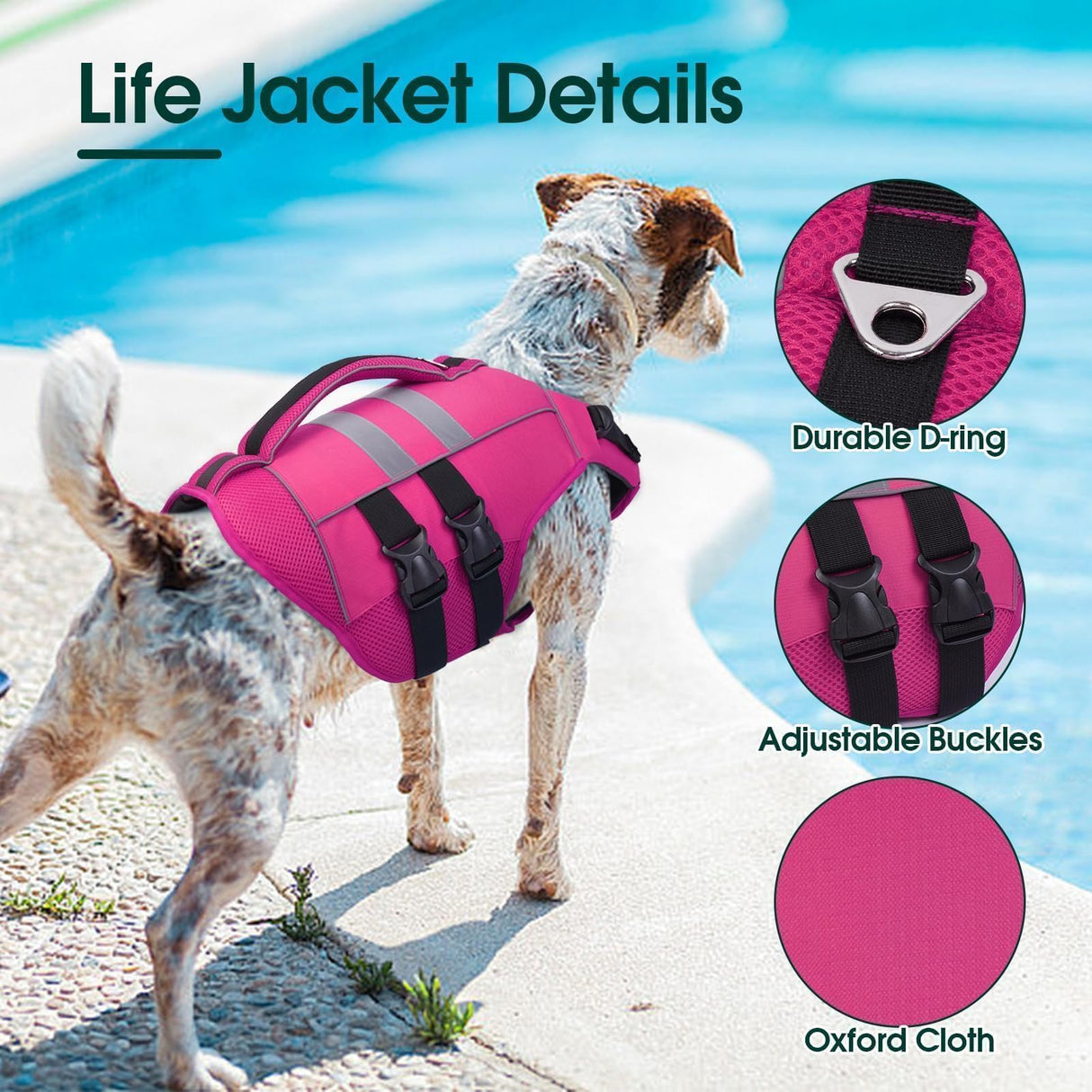 Kuoser XL Dog Life Jacket, Large High Flotation Dog Life Vest for Swimming Boating, Reflective Dog Swimming Vest Pet Life Preserver with Rescue Handle, Rose XL