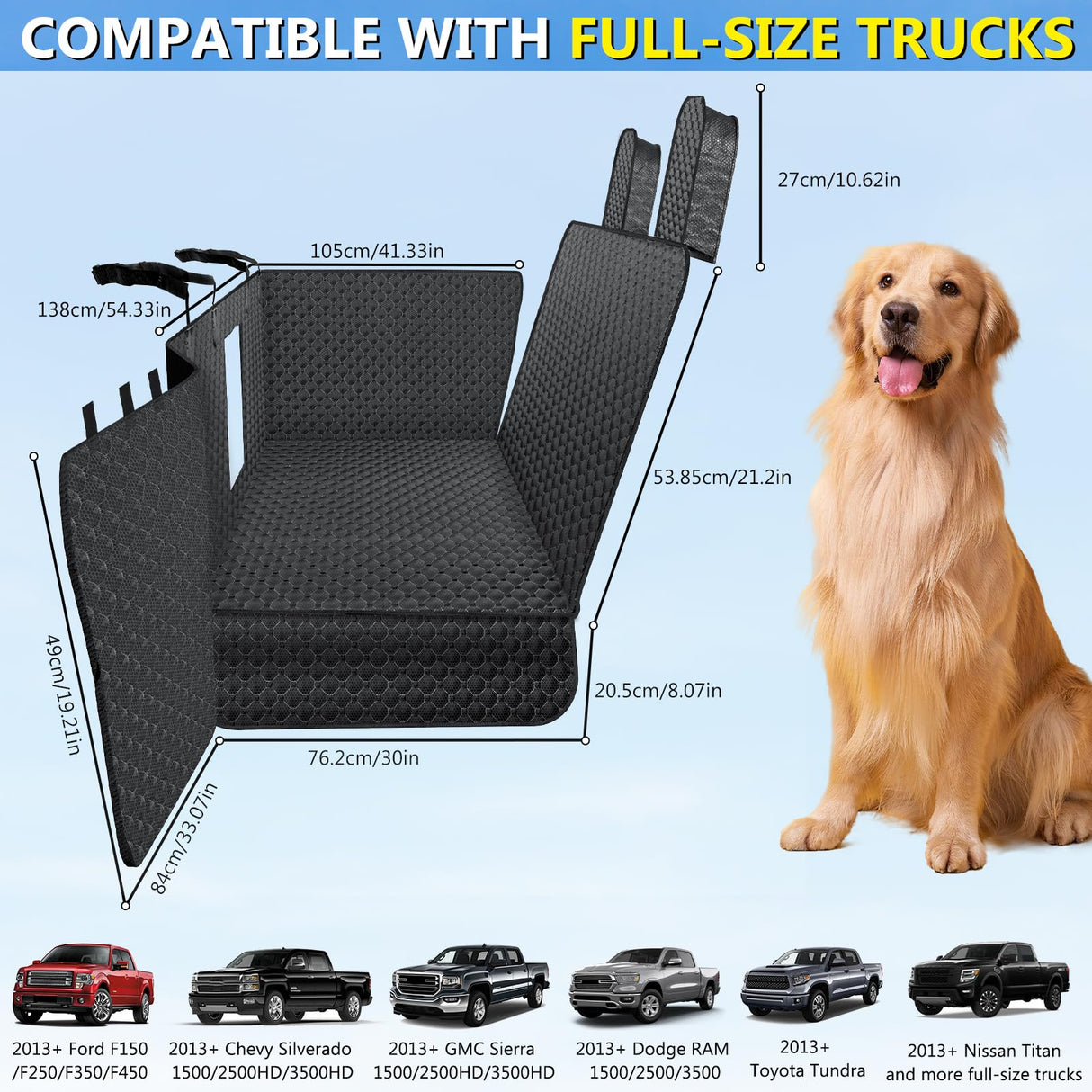 DIAMOOKY Truck Back Seat Extender for Dogs, Upgraded Waterproof Pet Seat Cover with Door Protection, Hard Bottom, Holds 420lbs, Dog Hammock for F150/Silverado 1500/GMC Sierra 1500/RAM 1500/Titan