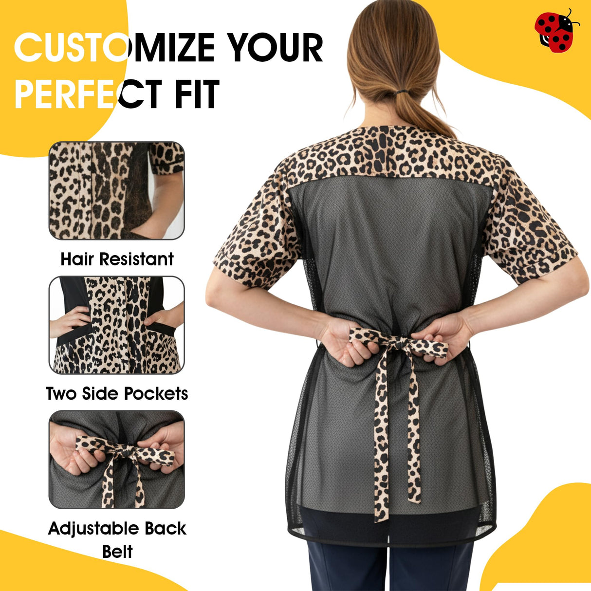 Ladybird Line 716 Leopard Print Waterproof Grooming & Styling Smock, Hair and Bleach Resistant with Covered Zipper Panel, Mesh Back, and Back Tie Belt - Ideal for Pet Groomers and Hair Stylists - 2XL