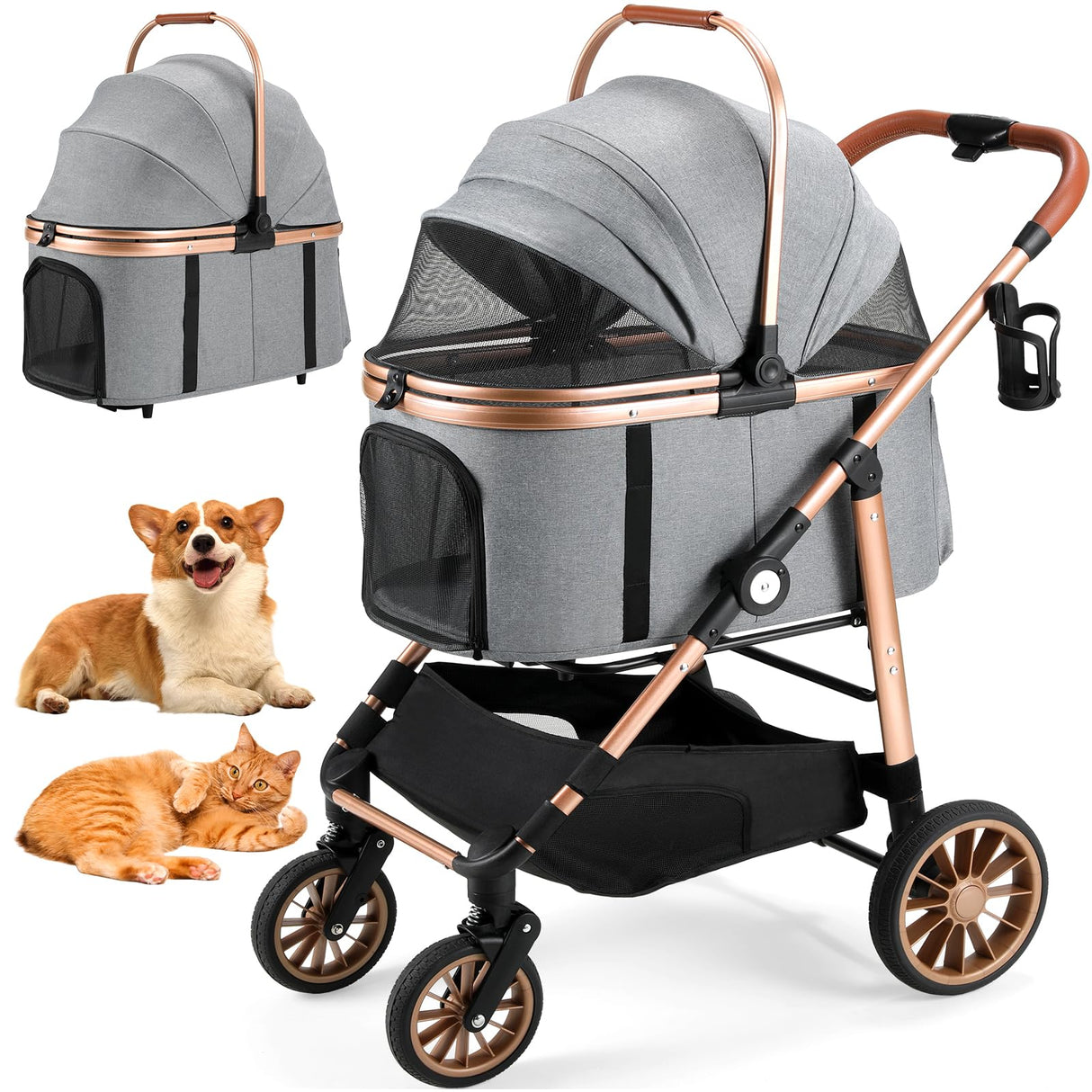 MAMIZO Pet Stroller for Medium Dogs Cats Up to 55 lbs, All-Terrain 3-in-1 Dog Stroller with Detachable Carrier, Rubber Wheels, One-Click Folding, Storage Basket & Cup Holder, for Senior Dogs & Cats