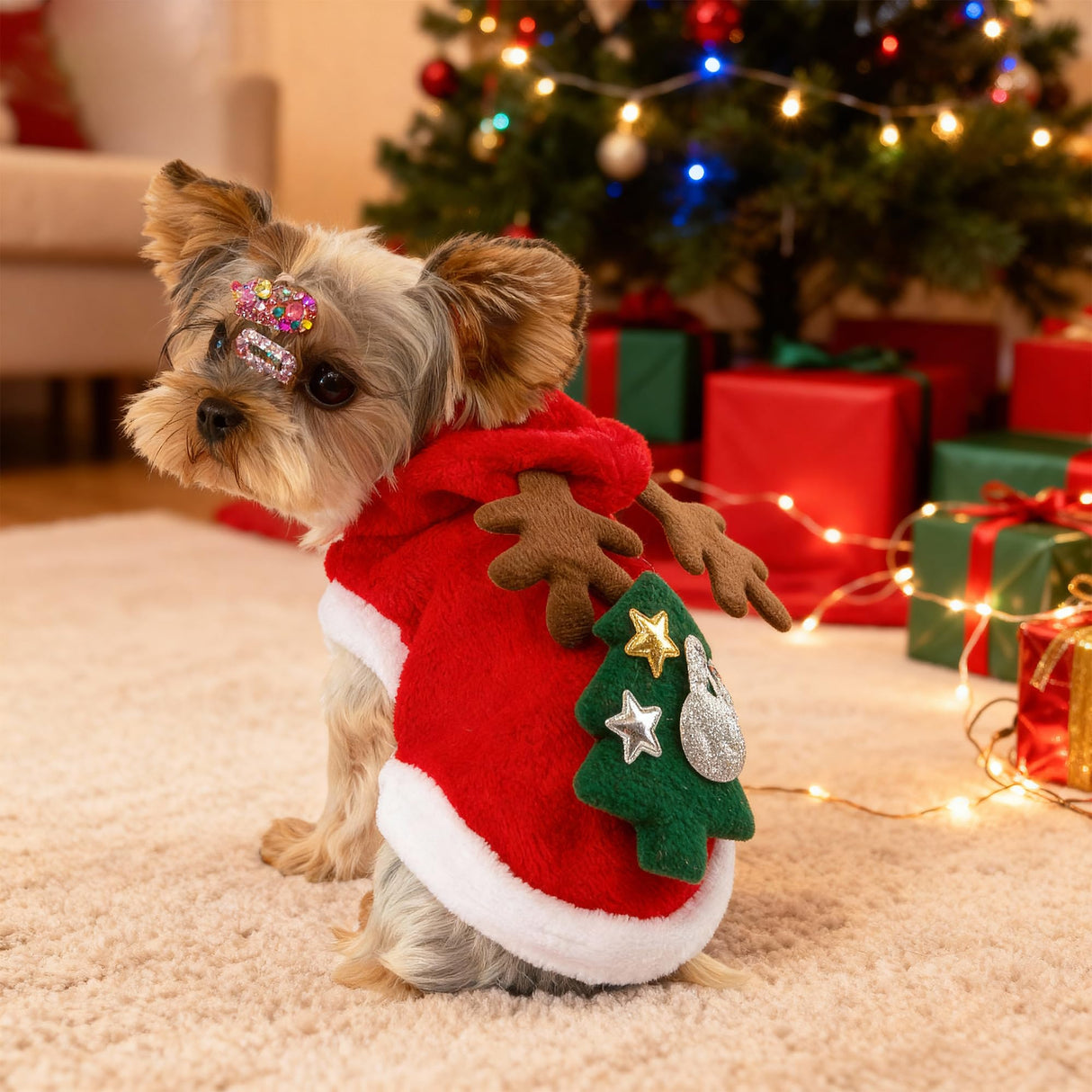 Dog Christmas Costume Funny Dog Christmas Outfit Cute Santa Hoodie for Small Medium Dogs with Reindeer Antler Hood for Cats Dogs Puppy Pets Holiday