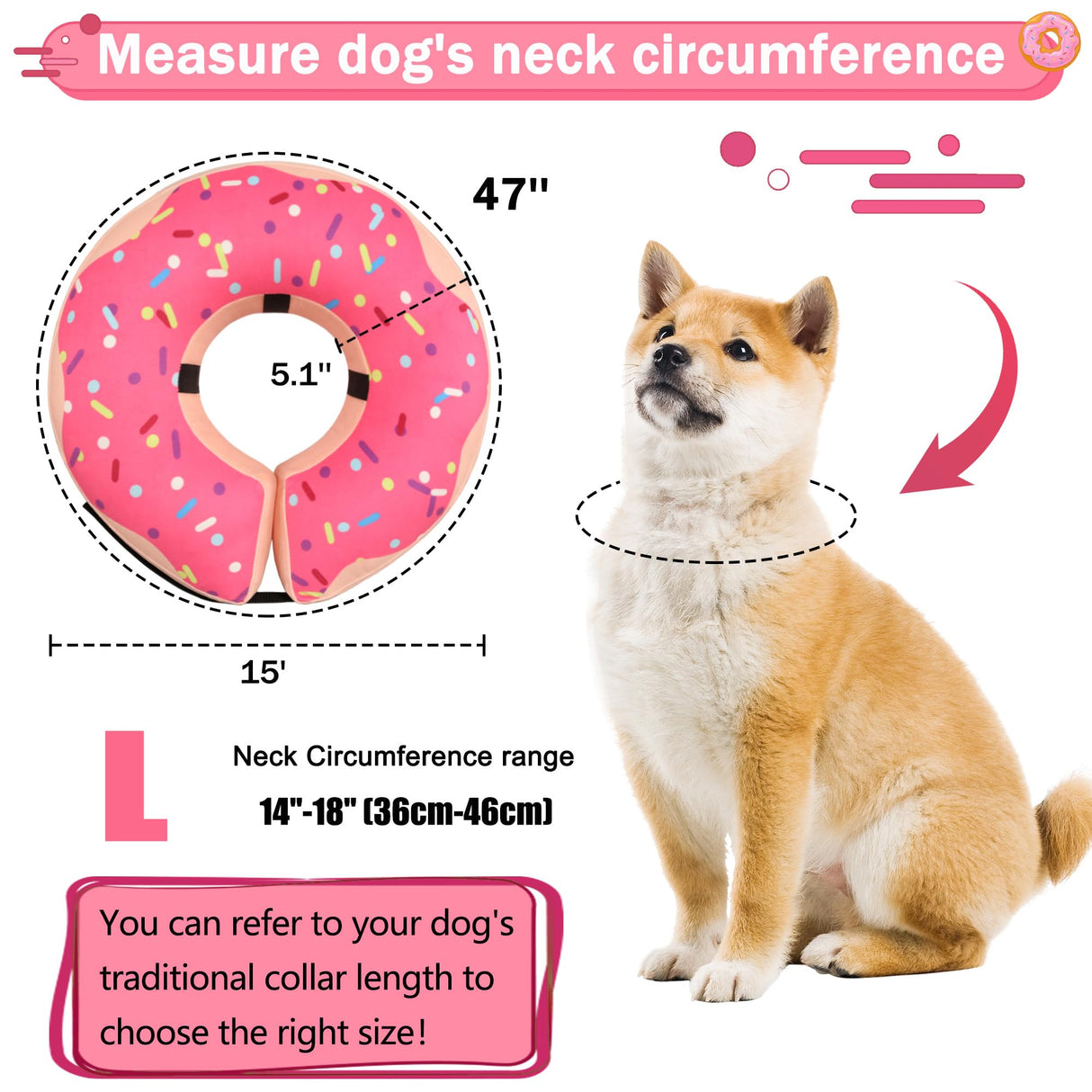 Inflatable Cone Collar for Large Medium Small Dogs, Soft Adjustable Recovery Collar for Dogs Cats,Dog Cone Neck Donut Alternative After Surgery(Pink,Large