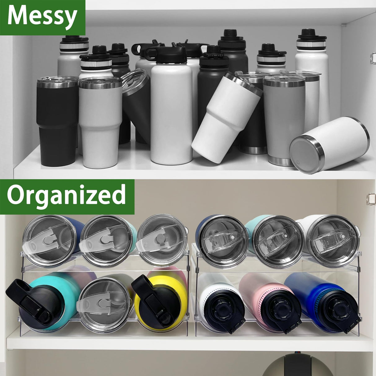 2 Pack Water Bottle Organizer, Stackable Kitchen Pantry Storage Shelf, Plastic Water Bottle Holder for Cabinet and Fridge Organization