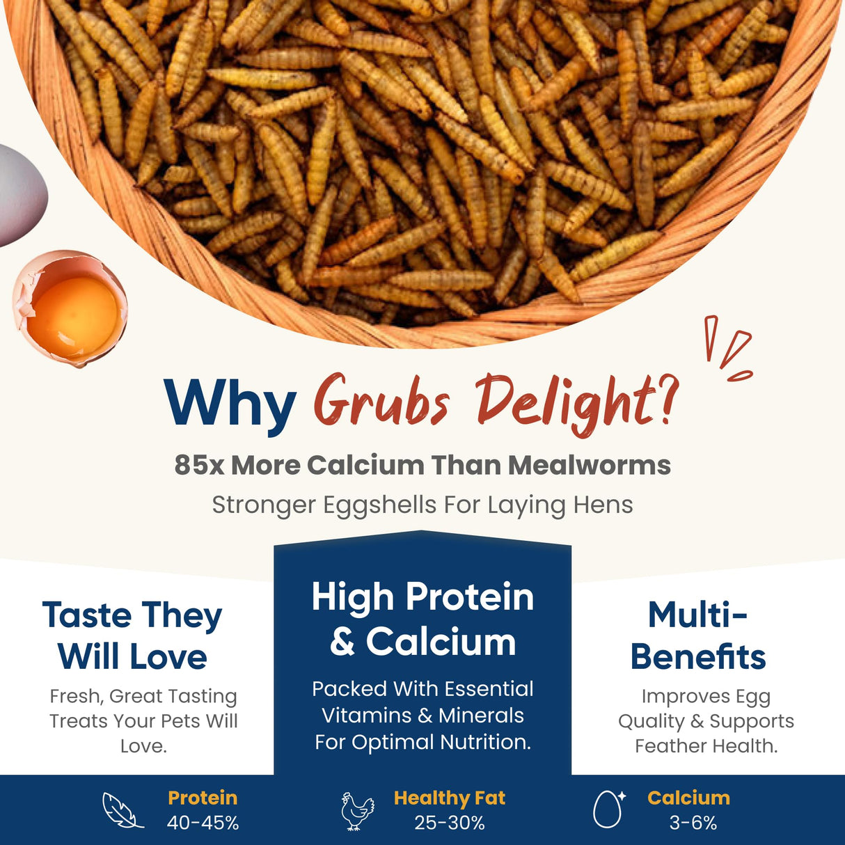 Grubs Delight 5LB Dried Black Soldier Fly Larvae for Chickens – 85x More Calcium Than Mealworms, for Chickens and Birds, 100% Natural Non-GMO Chicken Worms Treats, High Protein & Calcium Poultry Feed
