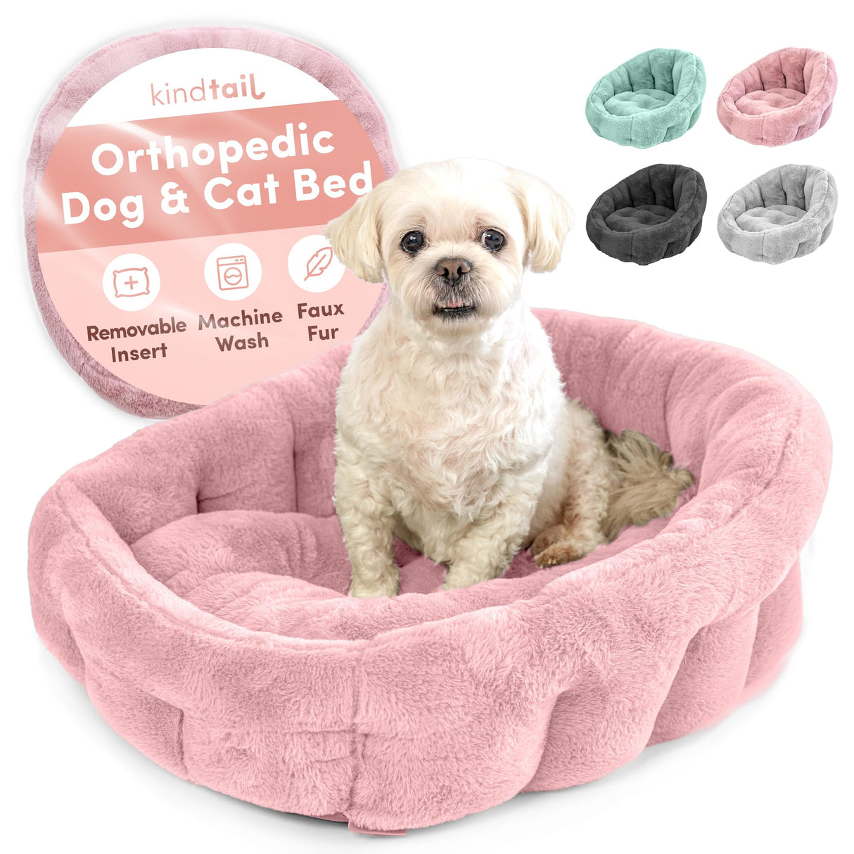 KindTail Medium Orthopedic Dog and Cat Bed - Faux Fur Luxury Cuddler for Pets Under 25lbs, Comfortable Waterproof Material with Nylon Base - 25" x 21" x 12" (Pink, Medium)