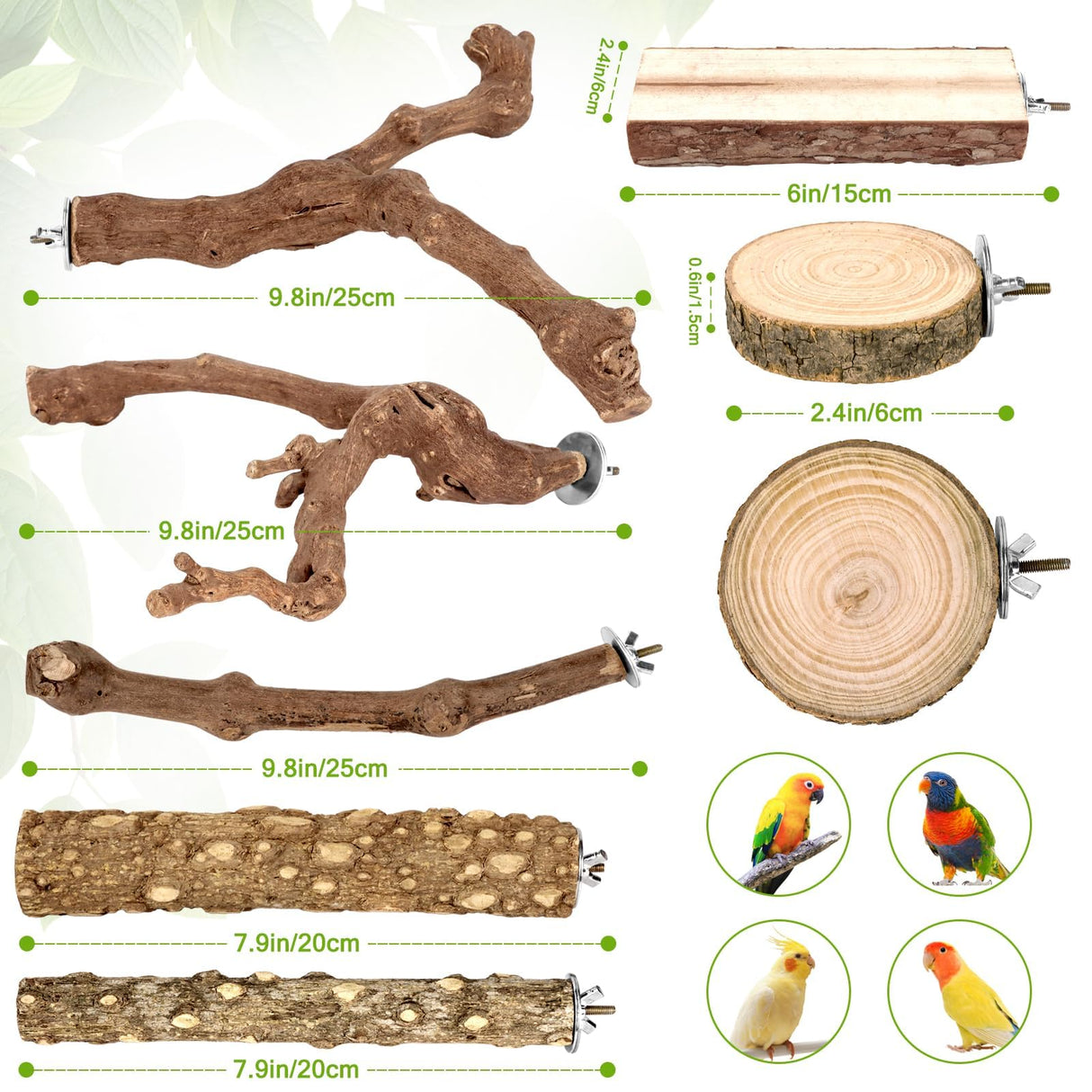 CZWESTC 8PCS Natural Grape Wood Bird Perch Set - Parrot Cage Stand with Paw Grinding Forks, Chewing Sticks & Exercise Branches for Parakeets, Cockatiels, Conures, Budgies, Finches