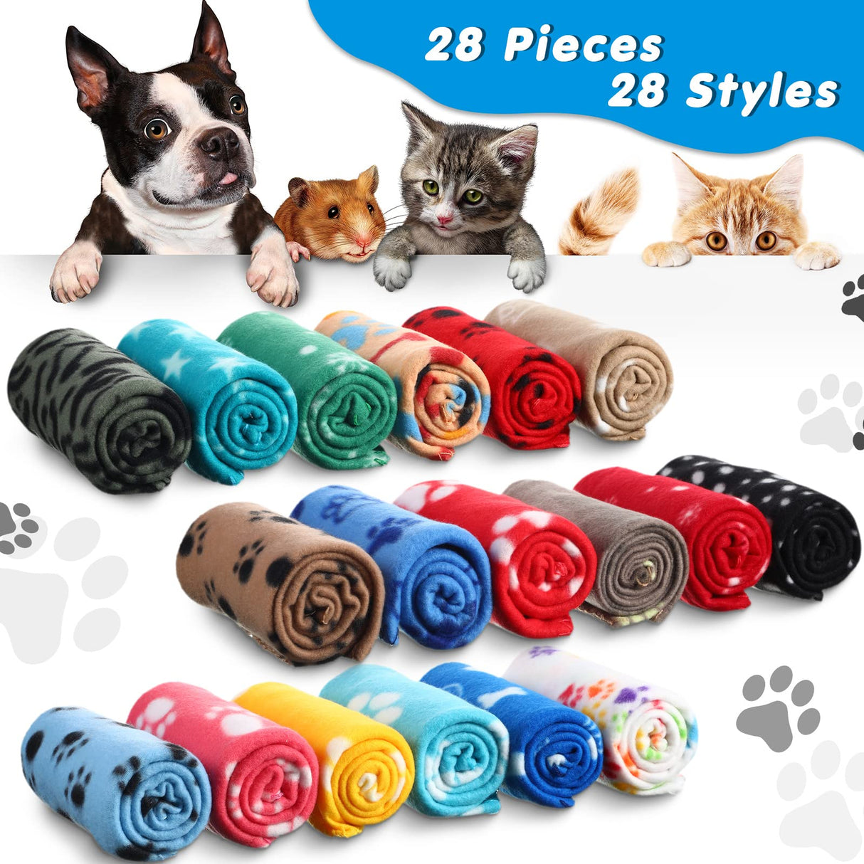 Chumia 28 Pieces Puppy Blanket Bulk Small Fleece Pet Blanket for Puppy Dogs Kitten Cats Pets Soft Warm Paw Print Sleep Mat Bed Covers, 28 Styles(23.6 x 27.6 Inch)