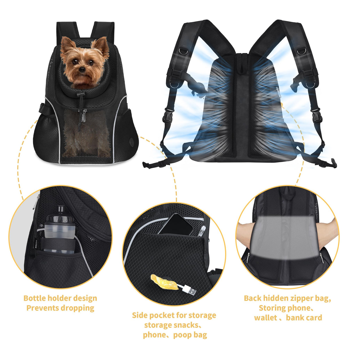 WOYYHO Pet Dog Carrier Backpack Small Dog Front Backpack Ventilated Mesh Dog Travel Back Pack with Safety Belt for Travel Hiking Cycling Outdoor Use (S (2-4.5 lbs), Black)