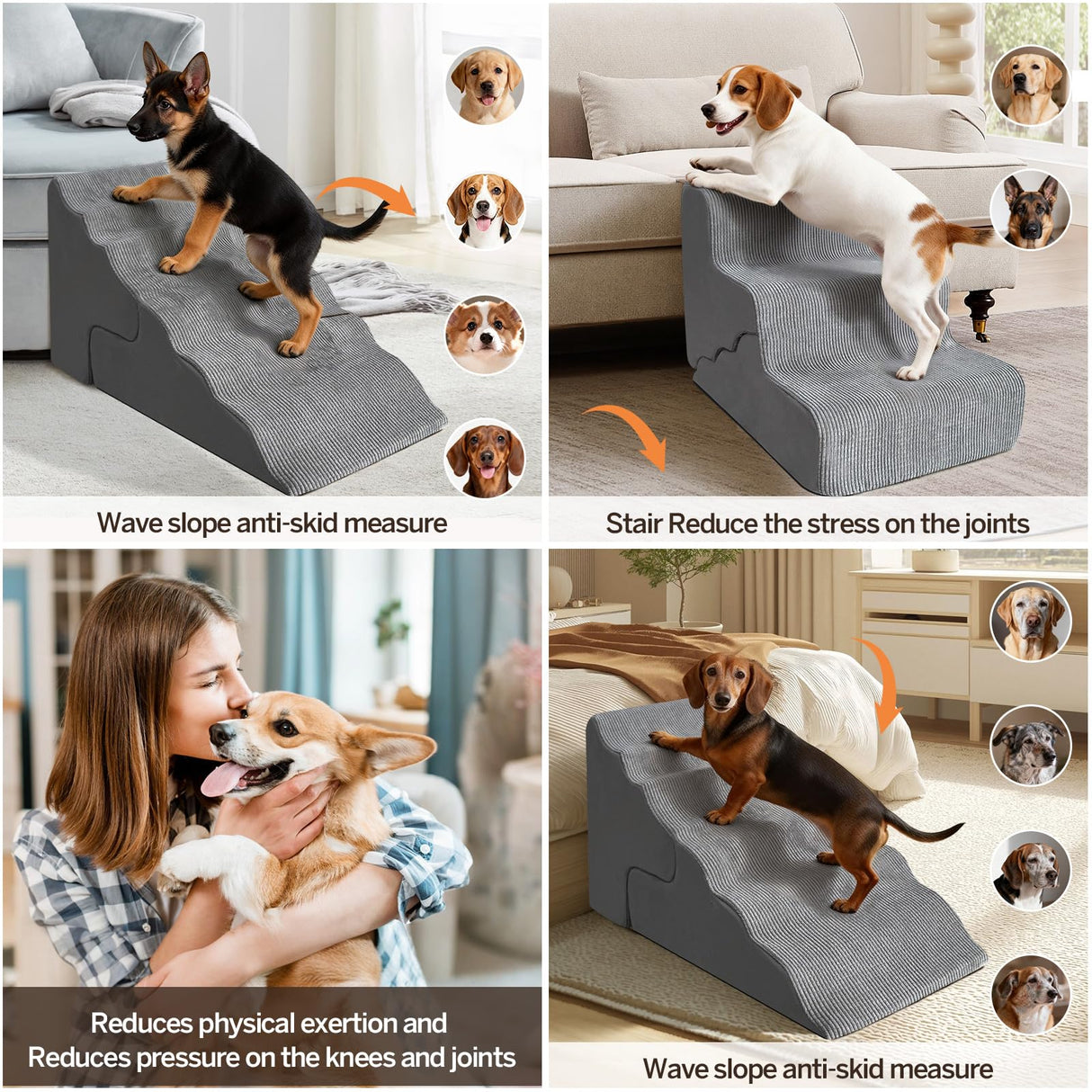 Pet Dog Stairs for Small Dogs, 2 in 1 Transformable 3-Step Pet Stairs and Wave Anti-Fall Slope for Short Legs and Long Legs Dog, for Couch (12-19 in) with Durable Non-Slip Waterproof Cover(Grey)
