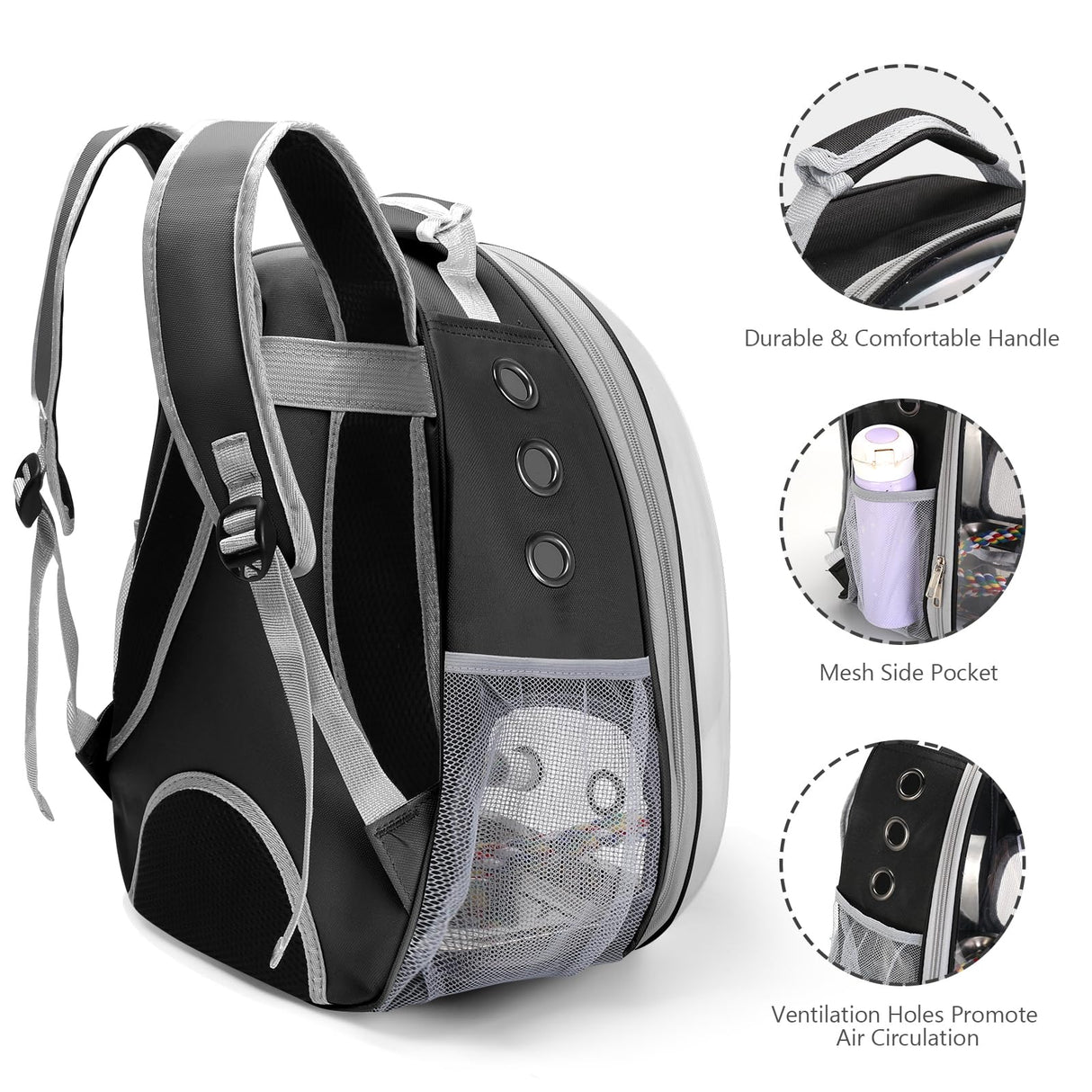 Bird Backpack Carrier, Travel Bird Cage for Small Medium Size Parrot Parakeet Budgies Cockatiel, Portable Clear Bubble Window Bag with Stainless Steel Tray Food Bolw Standing Perch (Black)