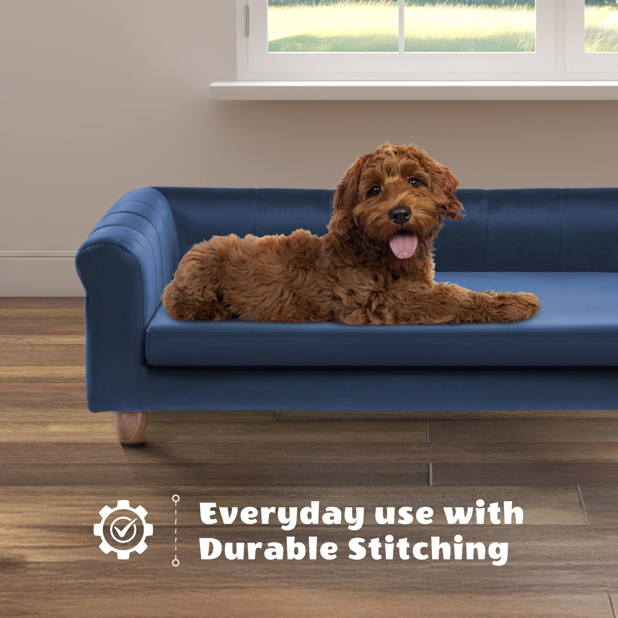 CRITTER SITTERS 42-in. Elegant Navy Faux-Velvet Rectangular Dog Sofa for Medium and Large Dogs, Elevated Plush Dog Couch