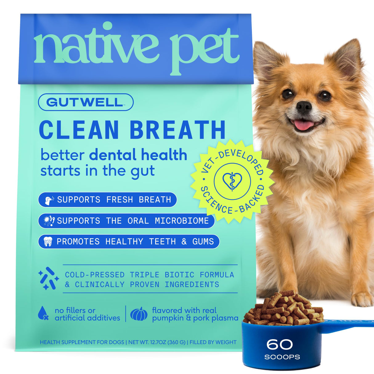 Native Pet GutWell Clean Breath - Dog Breath Freshener & Dog Dental Powder - Teeth Cleaning to Reduce Plaque & Tartar - Promotes Fresh Breath with Targeted Triple-biotic Dental Care Blend - 60 Scoops