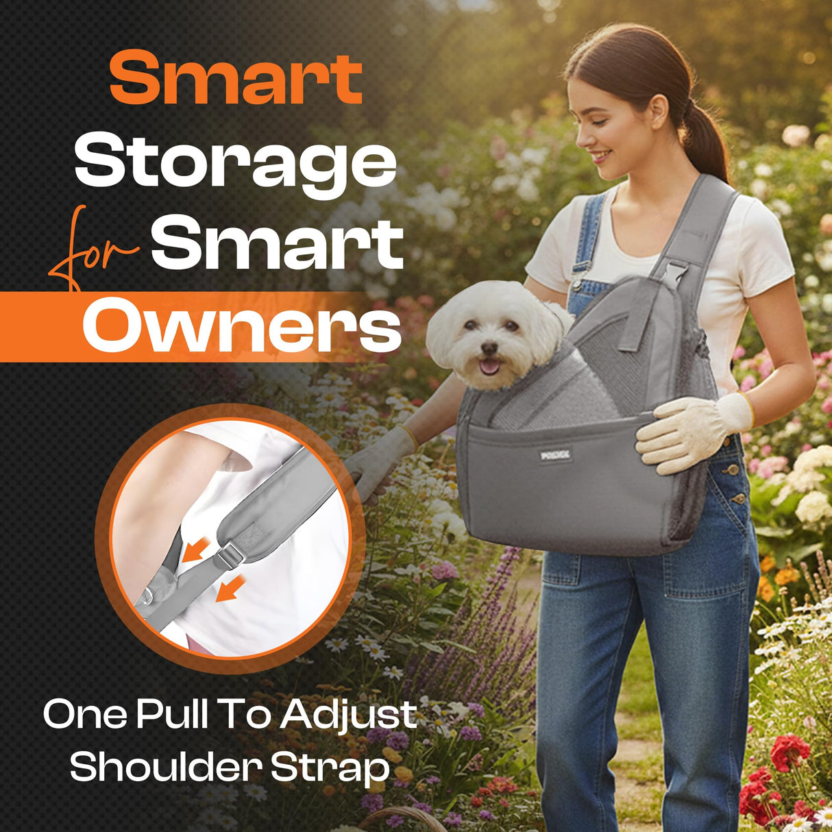 MOKARU Small Dog Sling Carrier Bag, Hands-Free Dog Carrier Sling with Safety Buckle, Breathable Mesh, Adjustable Strap, Padded Back, Storage Pockets, Pet Carrier for Dogs, Cats, Puppies up to 8–10 lbs