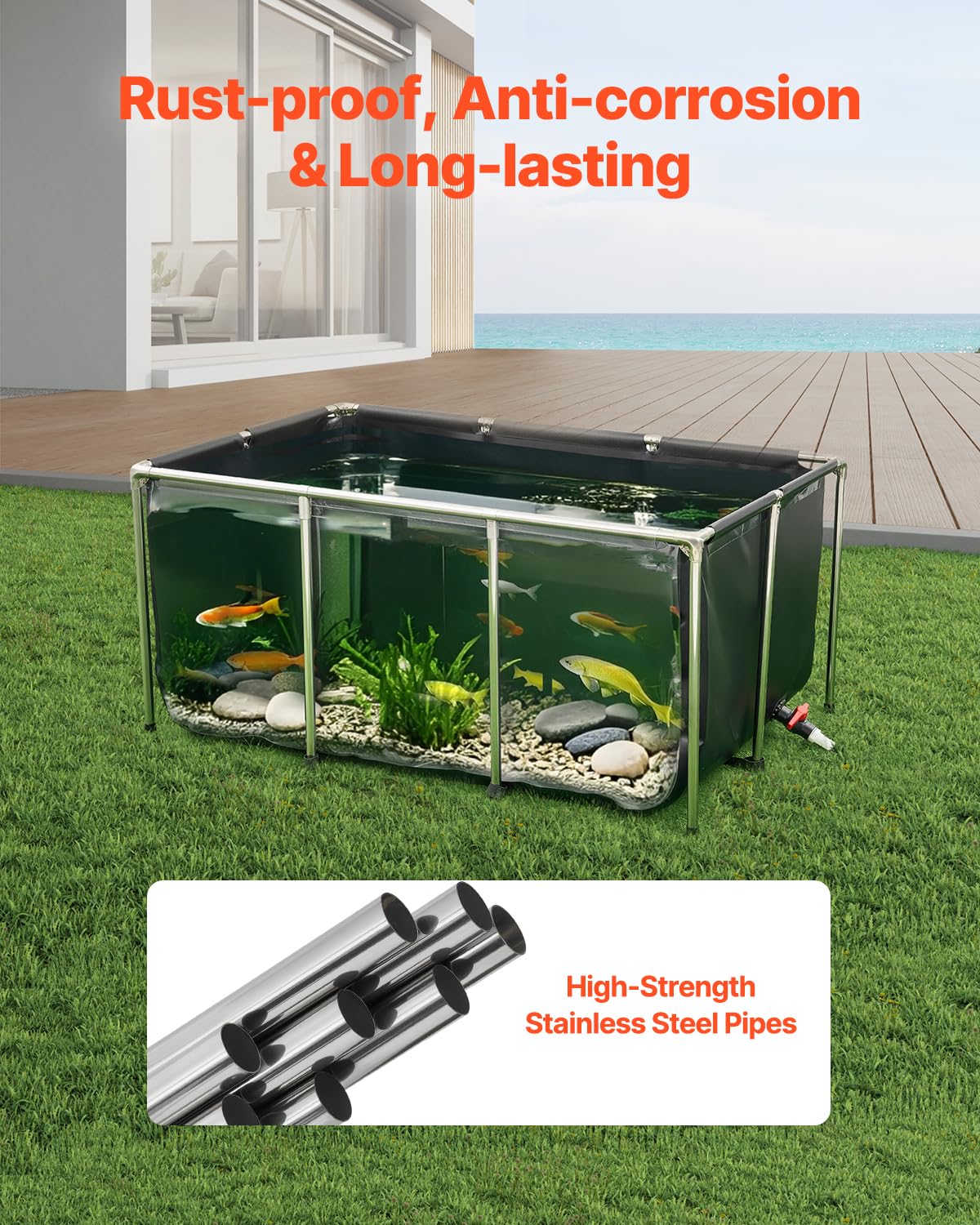 VEVOR Canvas Fish Pond, 270 Gal Above Ground Fish Pond, PVC Koi Tank with Clear Viewing Panel, Rectangular Goldfish Tank with Stainless Steel Frame & Drain Valve, for Breeding Koi, Irrigation(Black)