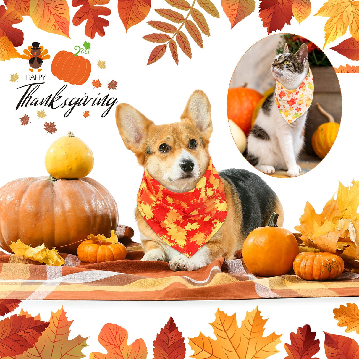 Sweetude 200 Pieces Fall Dog Bandanas Bulk Thanksgiving Day Bandanas for Dogs, Pumpkin Maple Leaves Pattern Pet Triangle Scarf Puppy Dog Kerchief Bibs for Autumn Holiday Costume Accessories Decoration
