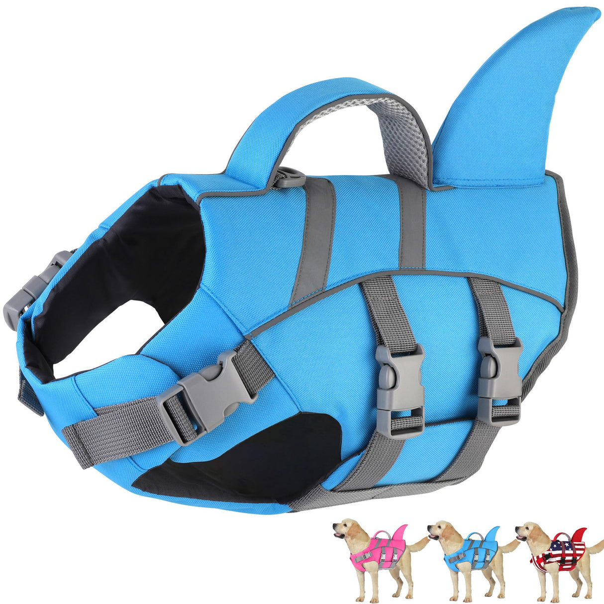 Dogcheer Dog Harness-Style Life Jacket Shark, Reflective Dog Life Vest for Swimming Boating, Adjustable Puppy Swim Vest, Pet Floating Device for Small Medium Large Dogs - Blue, L